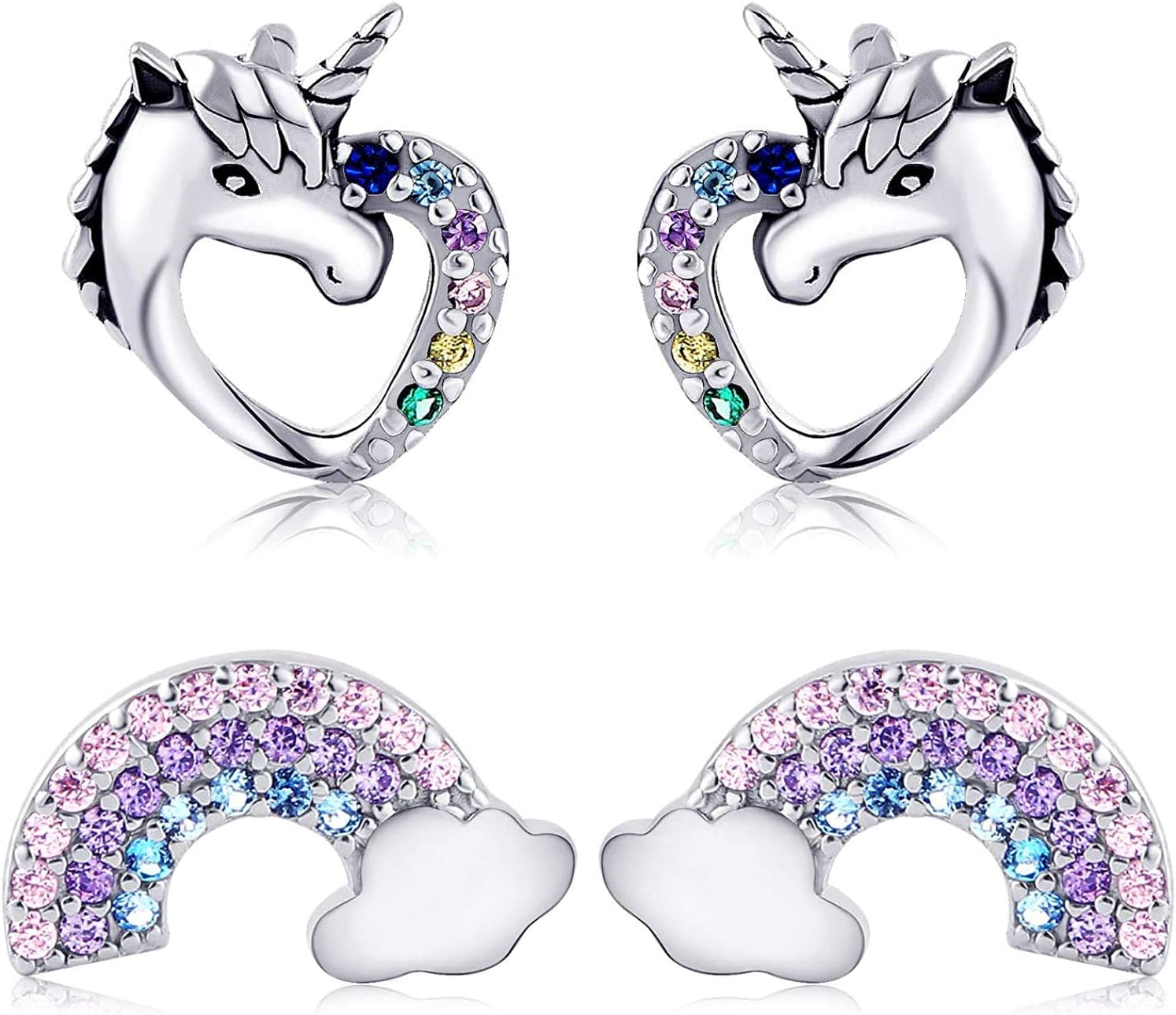 2 Pairs Tiny Stud Earrings for Girls S925 Sterling Silver Stud Earrings for Kids Unicorn Love Heart Rainbow Tiny CZ Earrings Set Jewelry Gifts for Women Friends