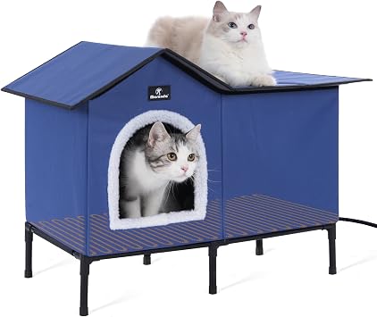 Elevated Heated Cat Houses for Outdoor Cats in Winter, Weatherproof Heated Cat Bed Kitty Shelter with Cat Heating Pad, Warm Home for Outside Feral Barn Stray Cat,Easy to Assemble.