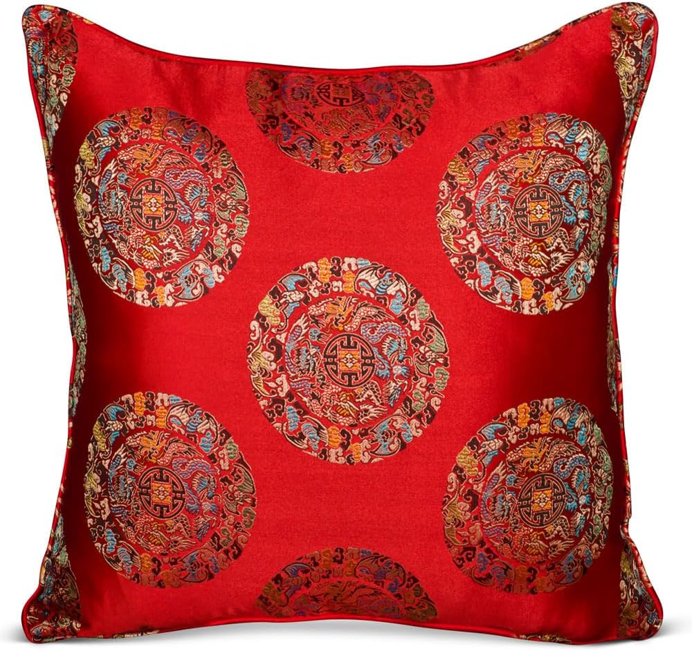 ChinaFurnitureOnline Red Dragon Phoenix Motif Chinese Silk Pillow (#36)