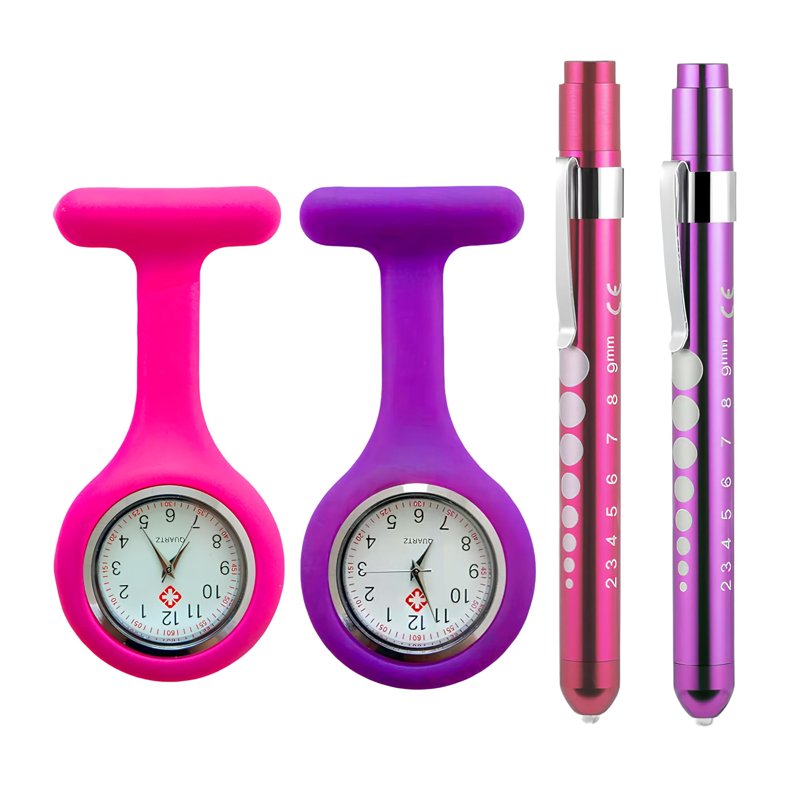 Embhlitfe 4Pcs Nurse Pen Torch and FOB Watch Set, Penlight Flashlight with Pupil Gauge & Silicone Fob Watch with Easy to Read Dial for Health Care Nurses, Doctors, Paramedics (Pink&Purple)
