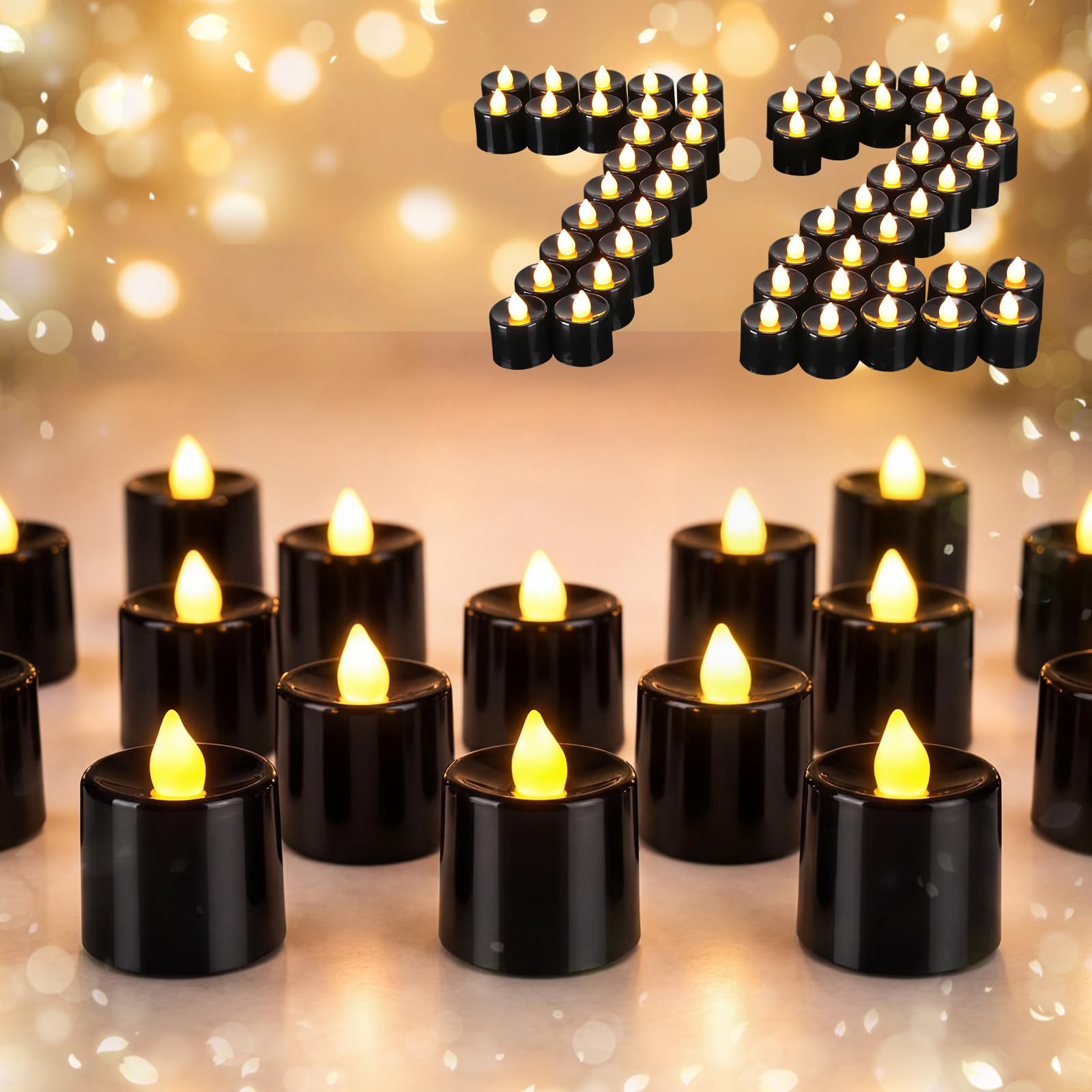 Coume Confezione da 72 lumini senza fiamma, senza fiamma, senza fiamma, LED a batteria, per il giorno più dolce, anniversario, notte romantica, luna di miele, decorazione da tavolo (nero)