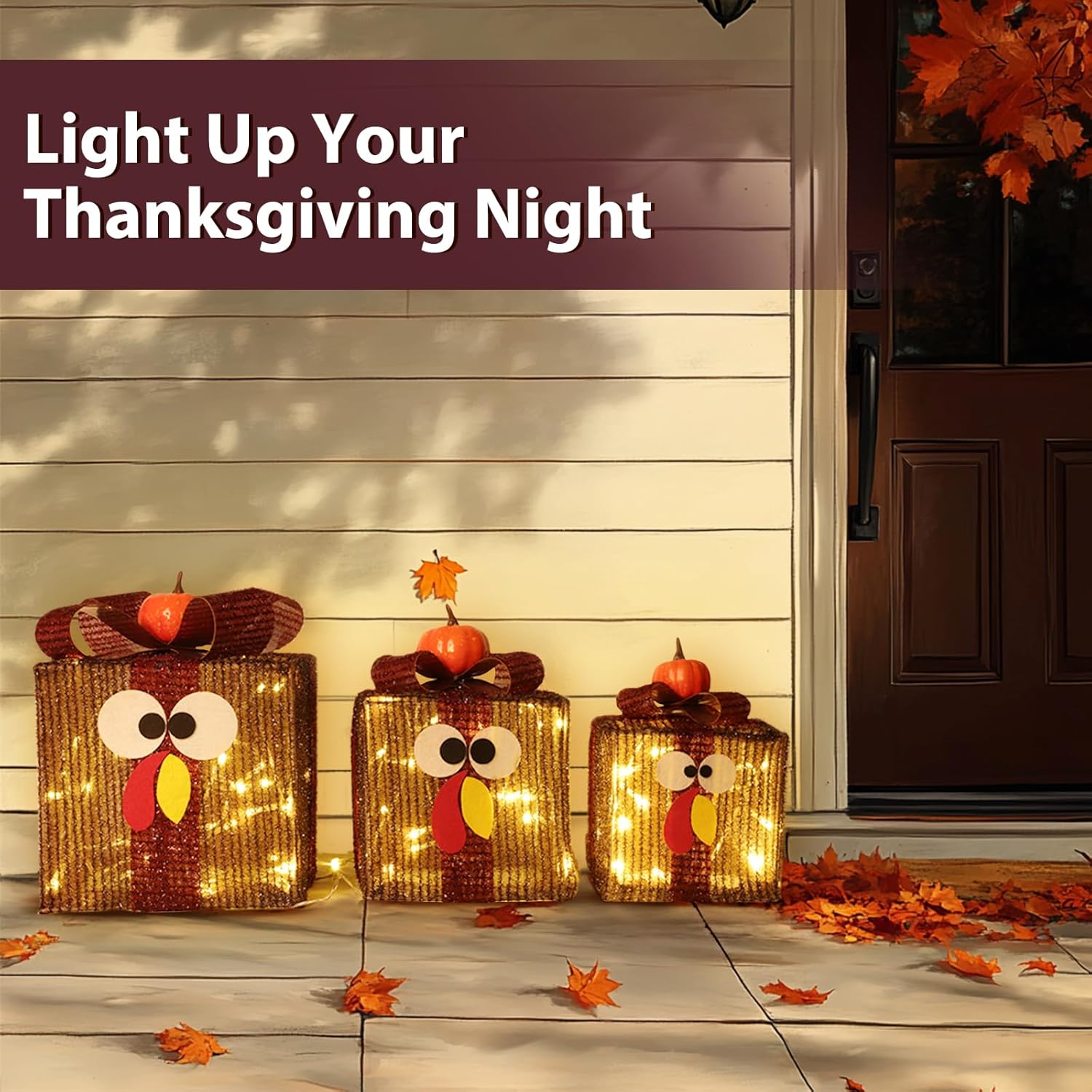 [Timer & 8 Modes]３Pack Thanksgiving Decorations Turkey Lighted Gift Boxes with 3D Pumpkin 60 LED Lights Glitter Tinsel Battery Operated Thanksgiving Outdoor Light Up Present Boxes for Home Yard Decor - Image 4