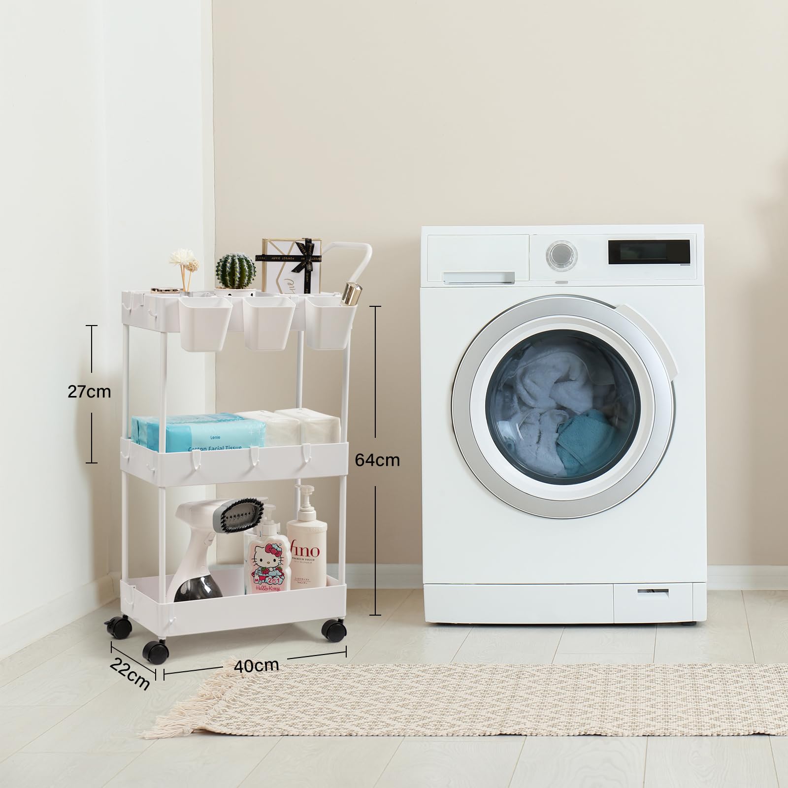 danpinera Carrello stretto per bambini, carrello da portata a 3 piani, carrello da cucina con pareti divisorie e ganci e bicchieri da appendere, carrello per nicchia per cameretta dei bambini, cucina