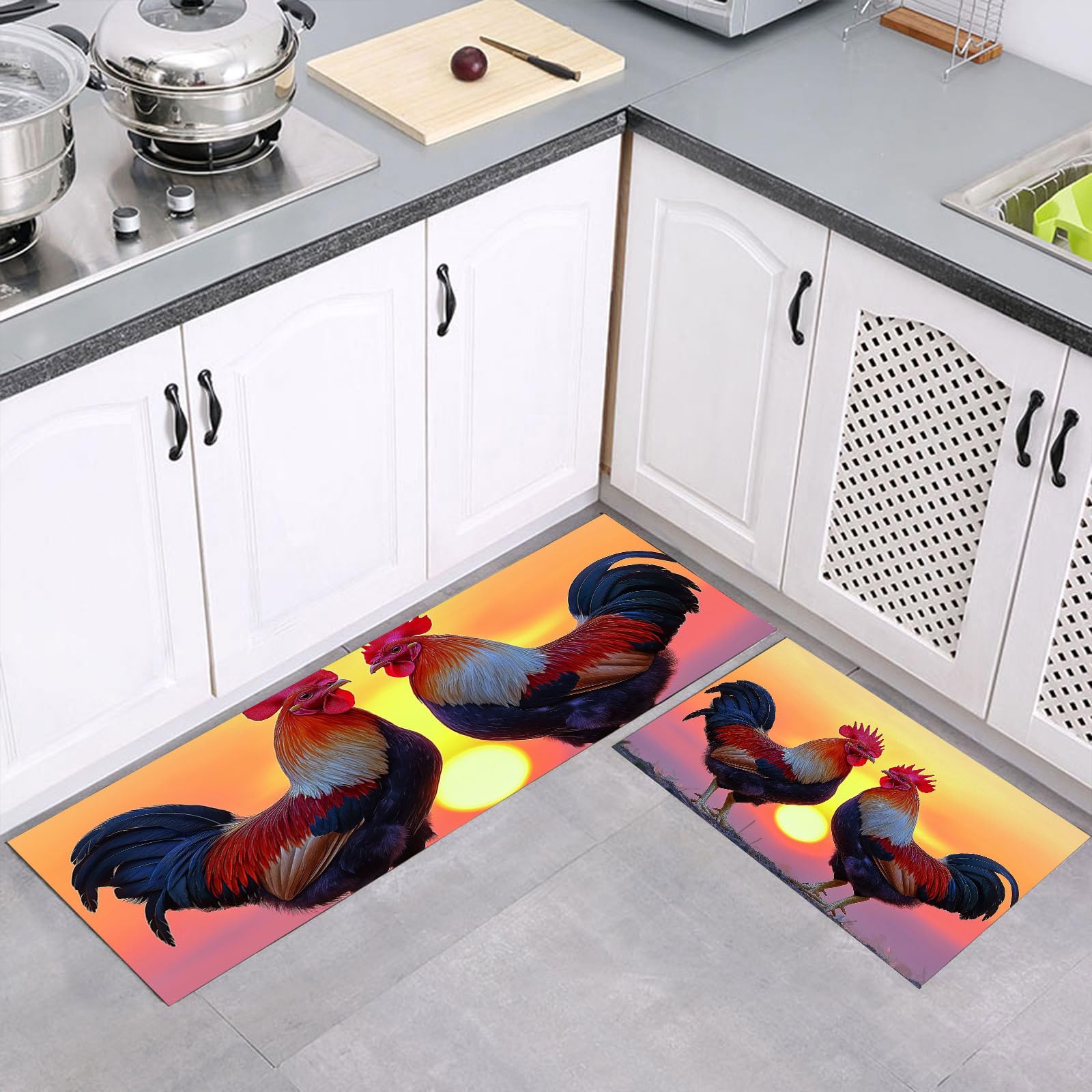 Tapis de cuisine 2 pièces anti-dérapant motif coq lavable 43x150cm et 43x75cm