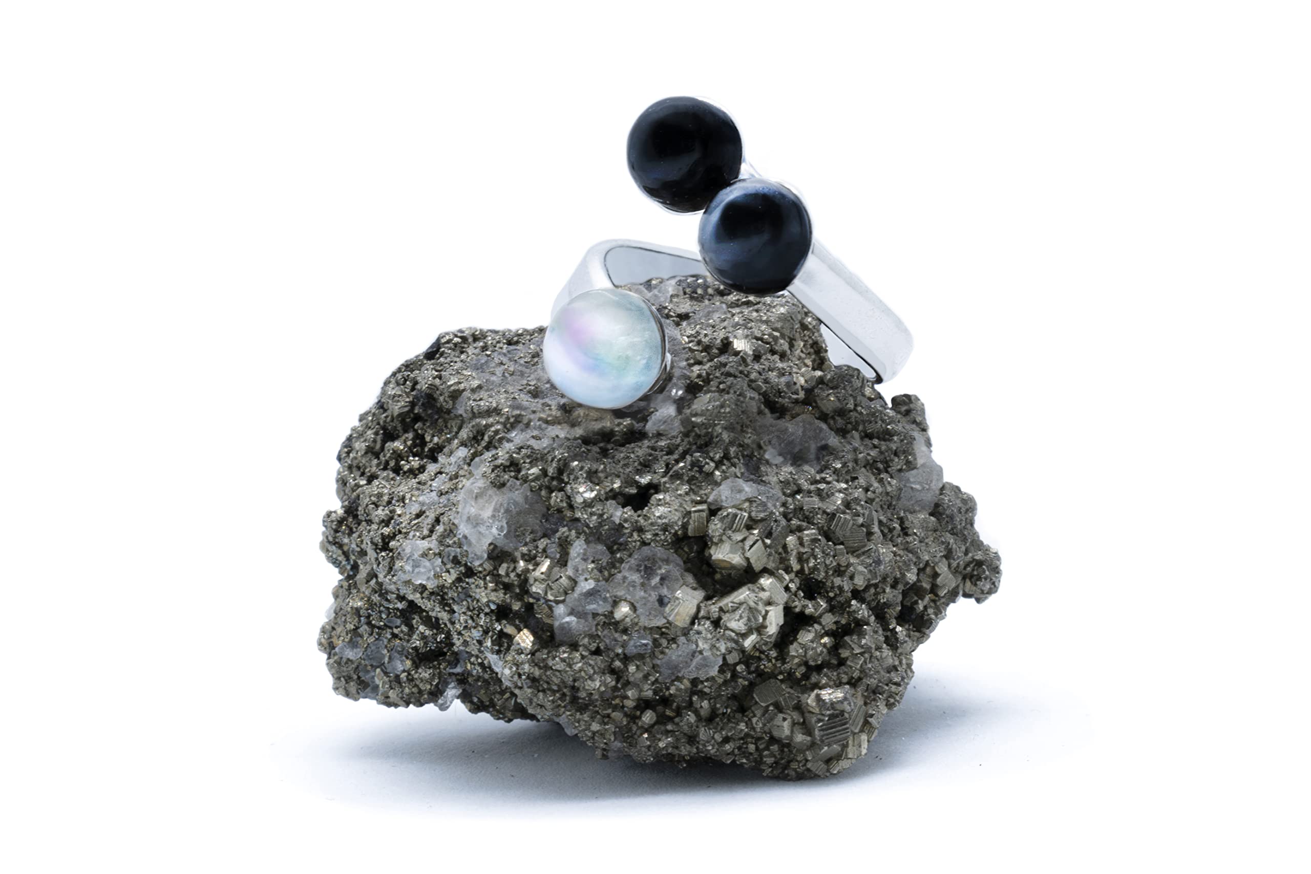 925 Silber Trilogy Ring mit Regenbogen Mondstein, Hämatit und schwarzer Onyx (Naturstein) 6mm - Verstellbaren Ringen, von XS bis XL, für Männer für Frauen - Kostenlose Geschenkbox
