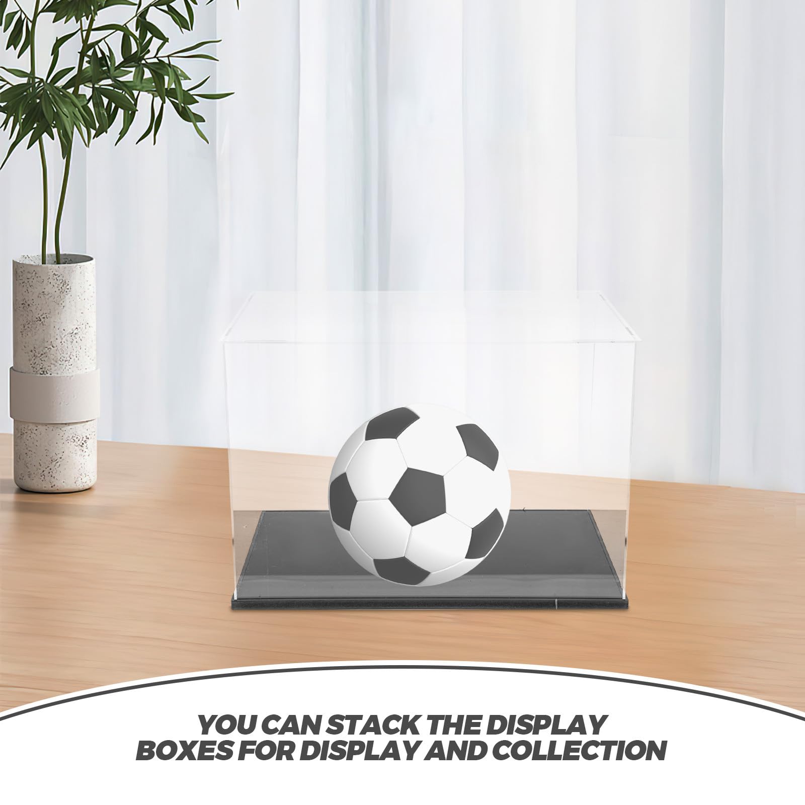 WOONEKY Caja Expositor Transparente para Fútbol con Soporte Negro Contenedor Apilable de Acrílico Resistente para Balones de Fútbol Estándar para Almacenamiento y Exhibición de