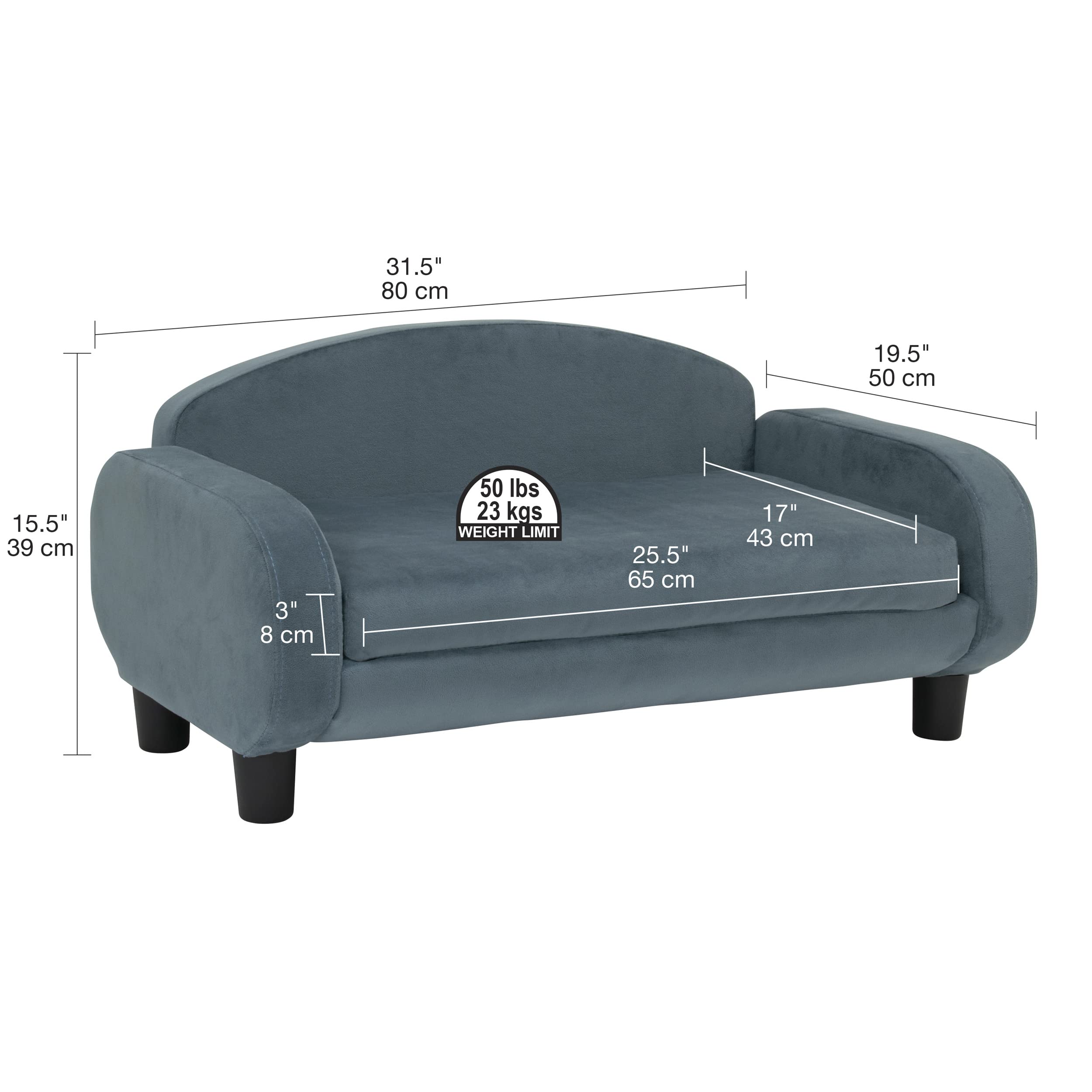 Paws & Purrs Modernes Haustier-Sofa, 80 cm breit, 49,5 cm tief, Liegebett mit tiefer Rückenlehne, Abnehmbarer Matratzenbezug