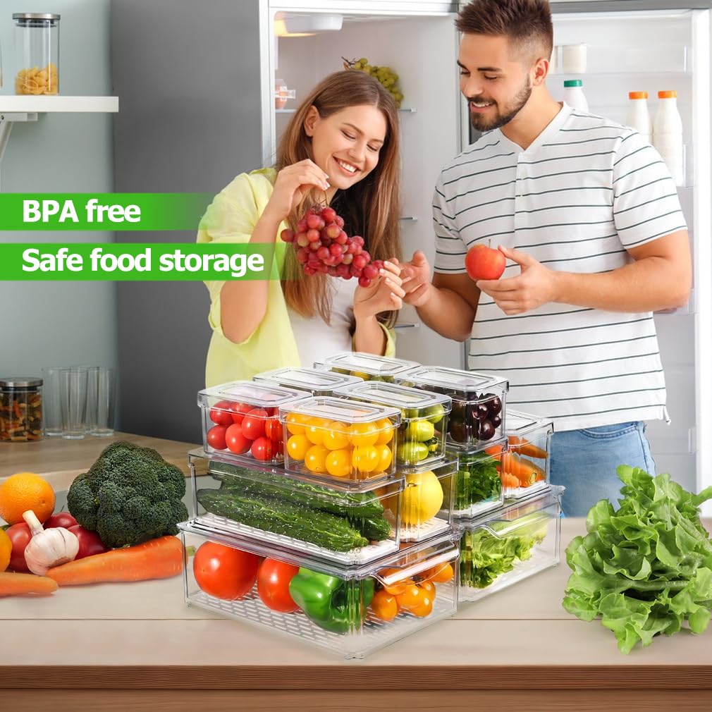 10 Stück kühlschrank Organizer, Stapelbare Fridge Organizer mit Deckel, Space Savers Aufbewahrungsbox Kühlschrank, Kühlschrank Organizer küche für Lebensmittel, Obst und Gemüse Aufbewahrung