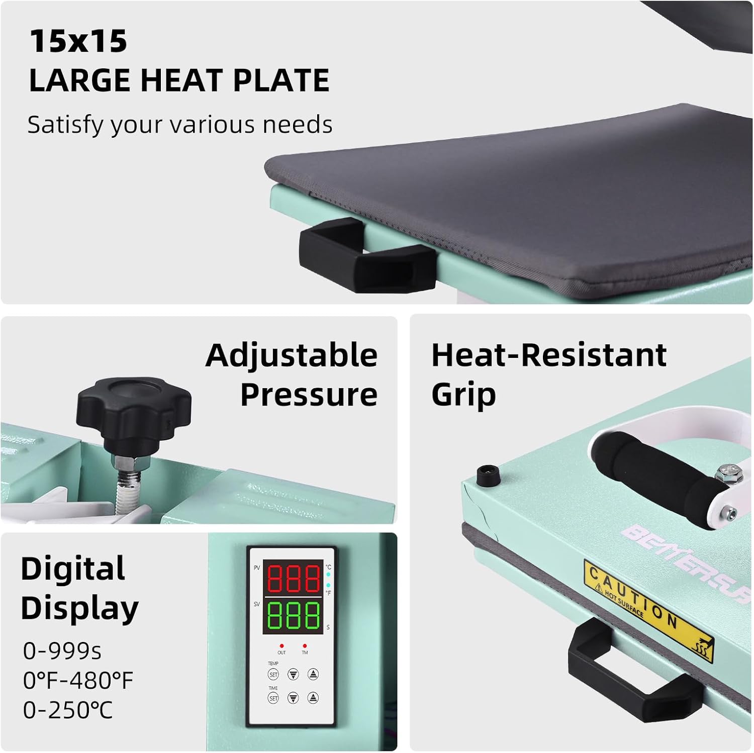 BetterSub 15x15 Heat Press Machine for T-Shirts, Industrial Sublimation & Heat Transfer – Digital LCD Control, Teflon Coated Surface, Clamshell Design, Safe Durable (Teal)