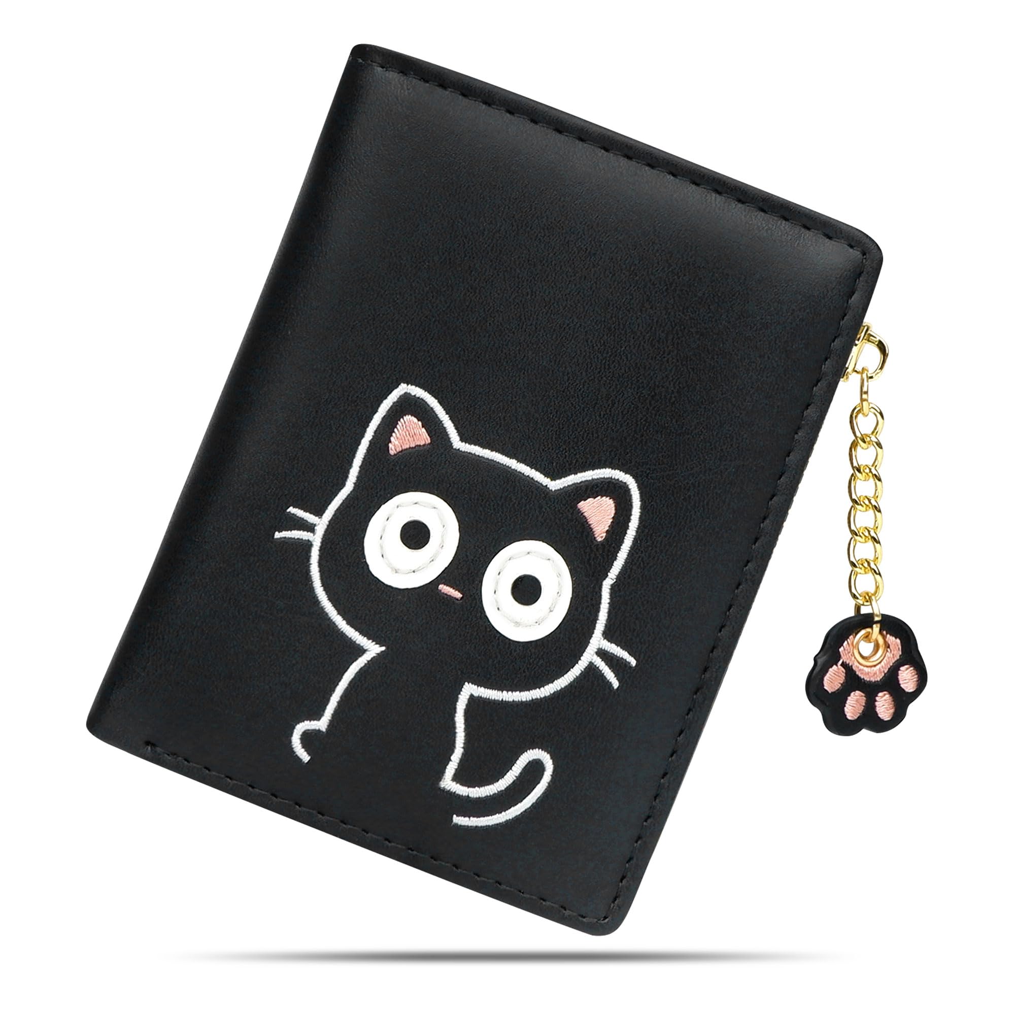 CONISY Small Wallet for Women, Vegan Leather Bifold RFID Blocking Cute Wallet with Coin Purse, Gift Ideas for Teen Girls Ladies (Cat Black)