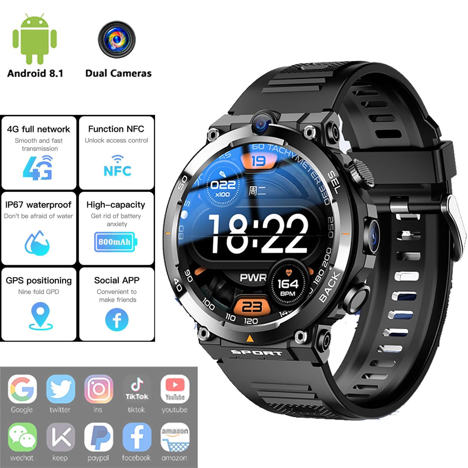 Orologio intelligente per rispondere/effettuare chiamate, con scheda SIM 4G, con schermo rotondo da 1,39 pollici, doppia fotocamera frontale/laterale, impermeabile IP67, posizionamento NFC