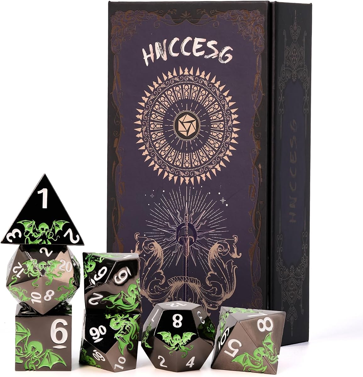 Cthulhu Dice Set,7-Piece Octopus Metal RPG Dice, Black Green | Heavy zinc alloy Cthulhu-inspired octopus dice with a magnetic gift box for DND and tabletop RPGs,collectors,and gifting.