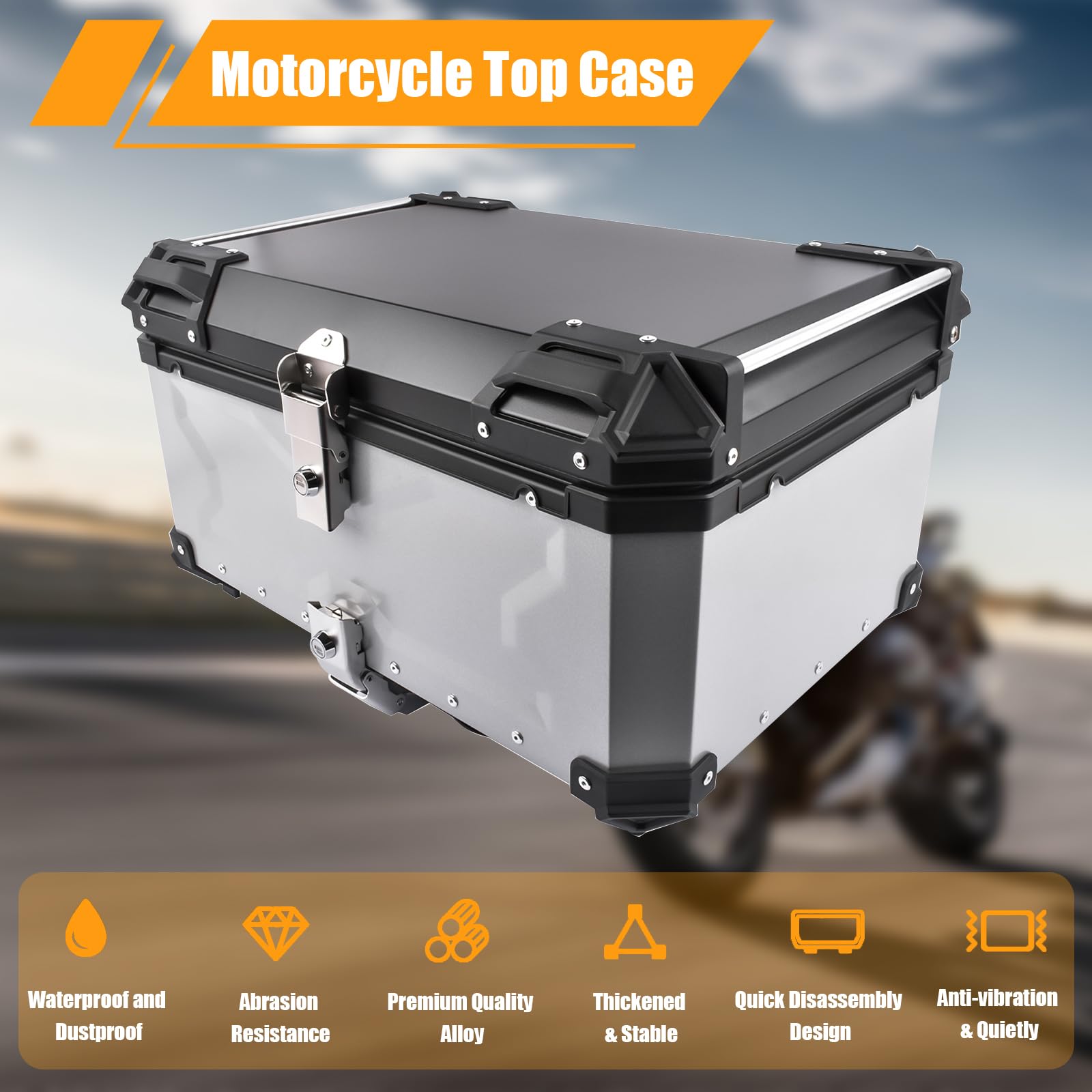 65L Motorrad Topcase, Wasserdicht Motorrad Top Box Topcase Roller Koffer mit Sicherheitsschloss, Motorradkoffer mit InstallierenTrägerplatte (Silber)