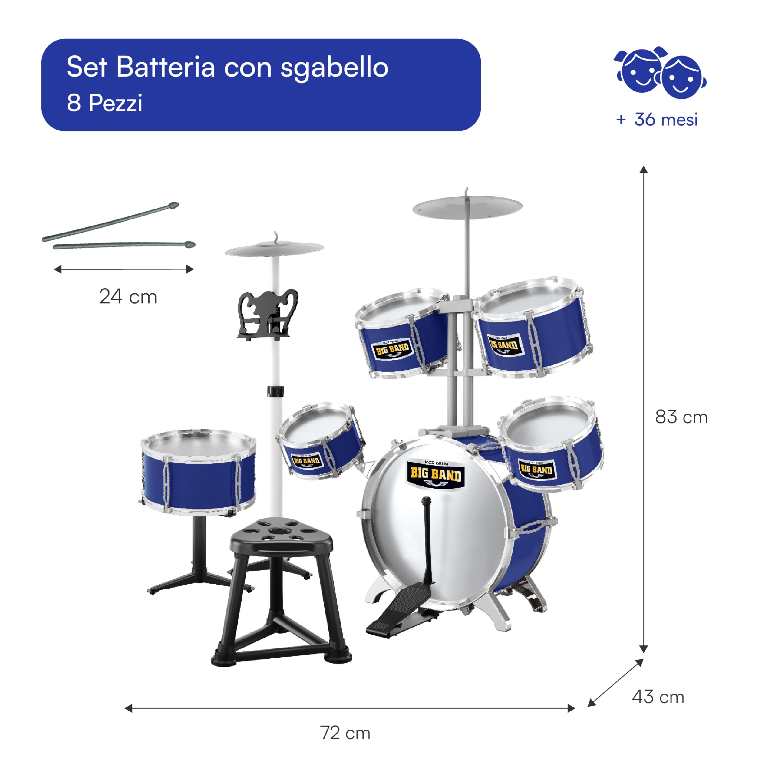 Set Batteria per Bambini Baroni Toys, Batteria Giocattolo Completa 8 Pezzi con Sgabello, Tamburi e Piatti, Gioco Musicale Educativo, +3 Anni, Blu, 72x43x83cm