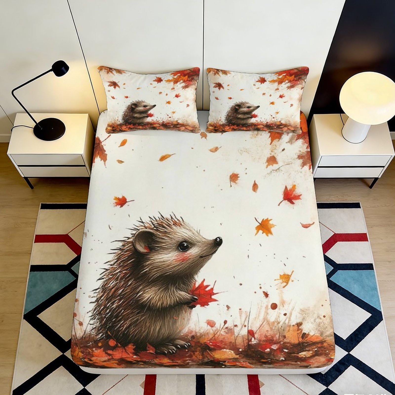 3D Printed Autumn Hedgehog Fitted Sheet Microfiber Deep Pocket Bedroom Bedding Autumn Leaves Mattress Fitted Cover Non-Slip Washable for Adults Teens 120x200x25cm
