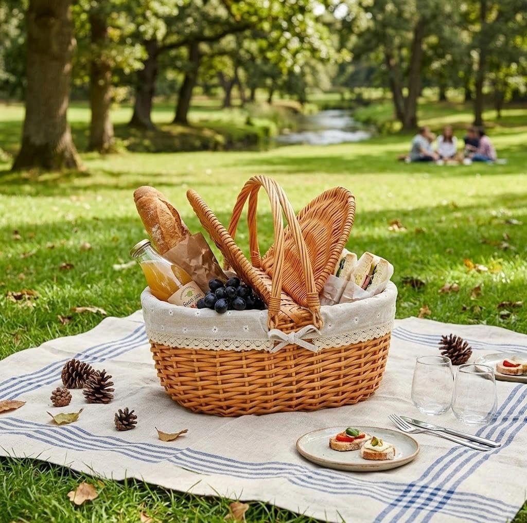 Cestino da picnic in vimini con coperchio, cestino per la spesa intrecciato con manico e fodera, per raccogliere verdure, campeggio, picnic (fiore bianco)
