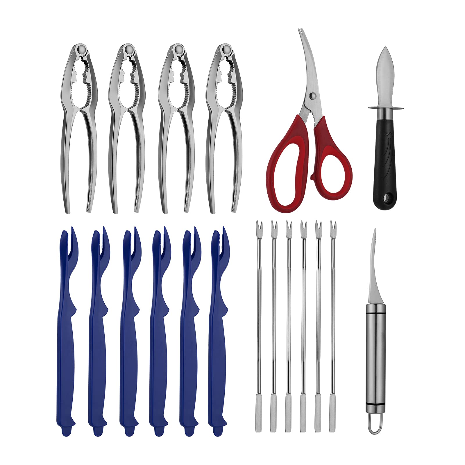 MYBMHTNB Seafood Tools Set Includes 4 Crab Crackers 6 Seafood Fork 6 Lobster Crackers 1 Seafood Scissors 1 Oyster Knife 1 Shrimp Cleaning Tool-Nutcracker Set（19 Piece ）