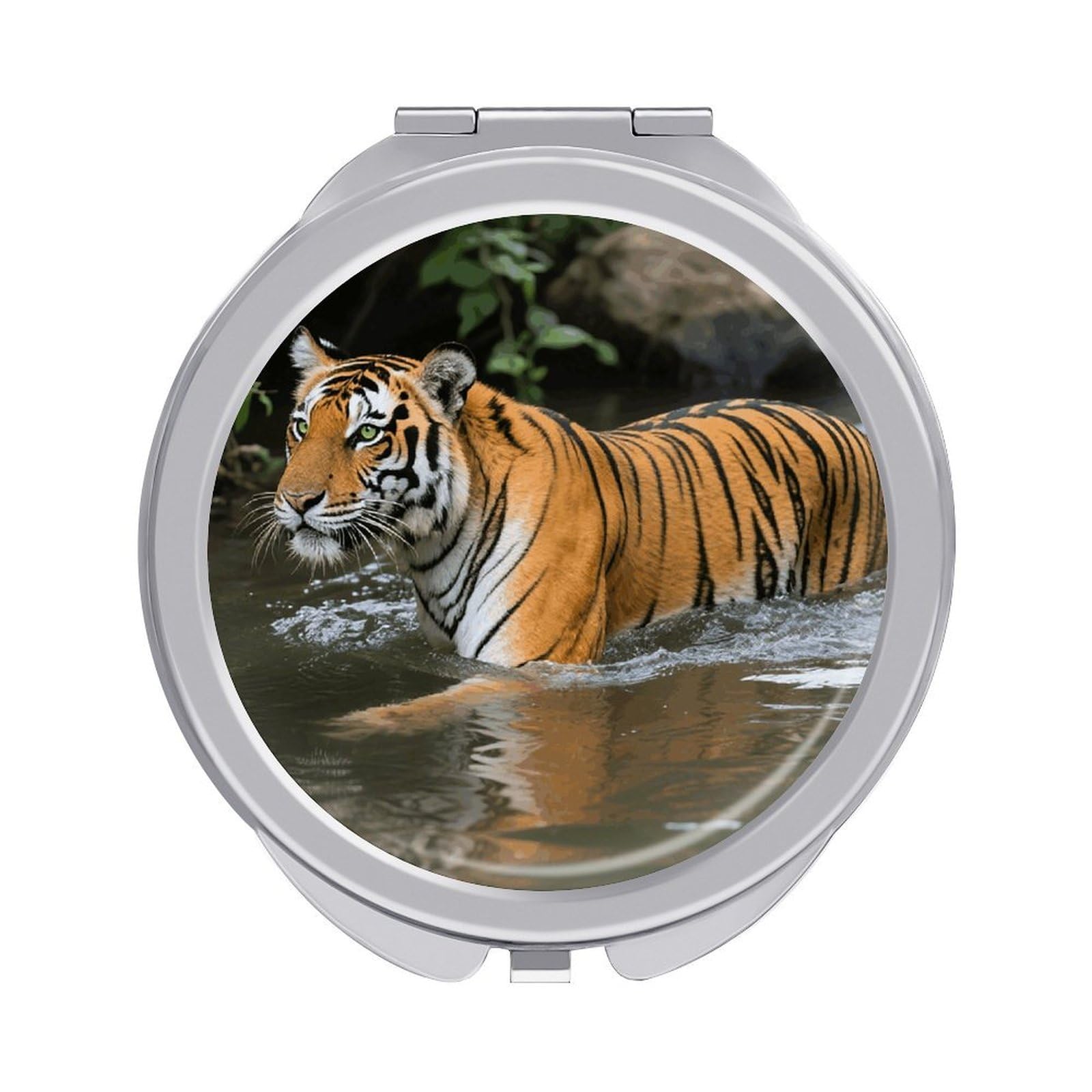 FodPand Compact Hand Mirror with 1x/2x Magnifying Round Travel Makeup Mirror Mini Foldable Tiger Swimming Cosmetic Mirrors Travel Essentials Gift for Women Girl Portable for Pocket Purse -Silver