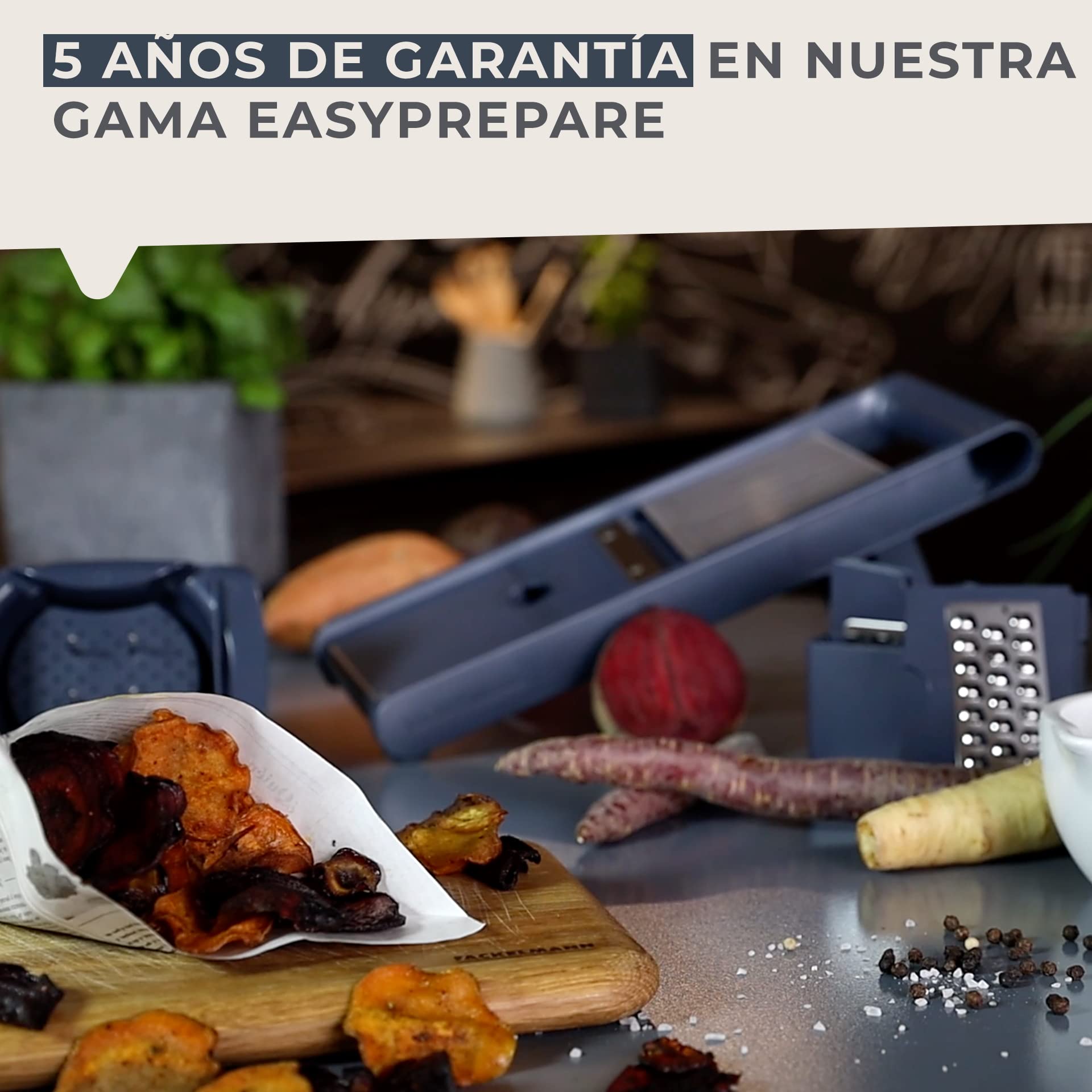 FACKELMANN Mandolina de Cocina Regulable Profesional con salvadedos en plástico y acero inoxidable de admirables calidades, azul e inox, 6ud.