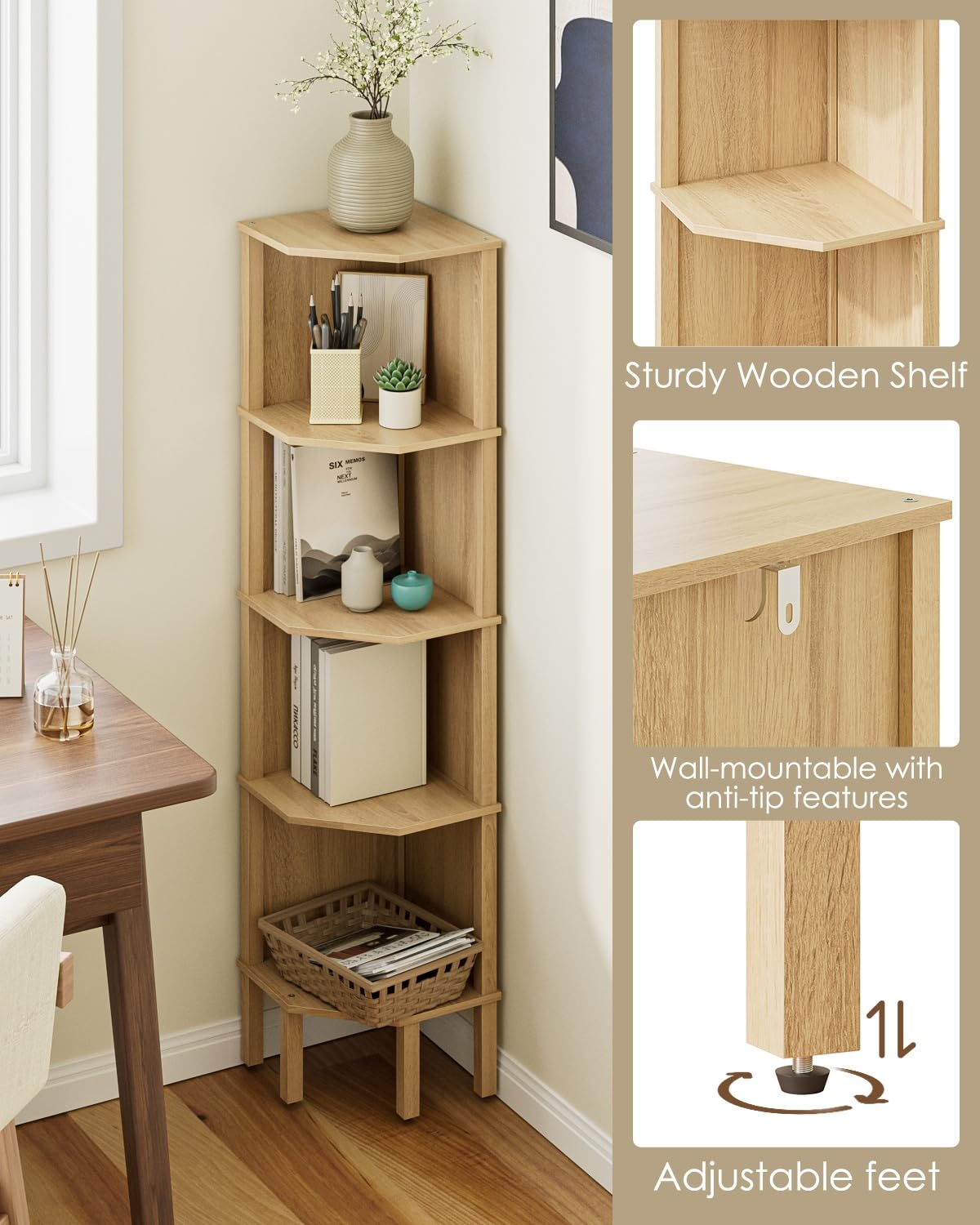 Estantería esquinera con 5 niveles, estantería para plantas, estantería de almacenamiento para salón, oficina, dormitorio, 127 x 29 x 29 cm, madera de roble