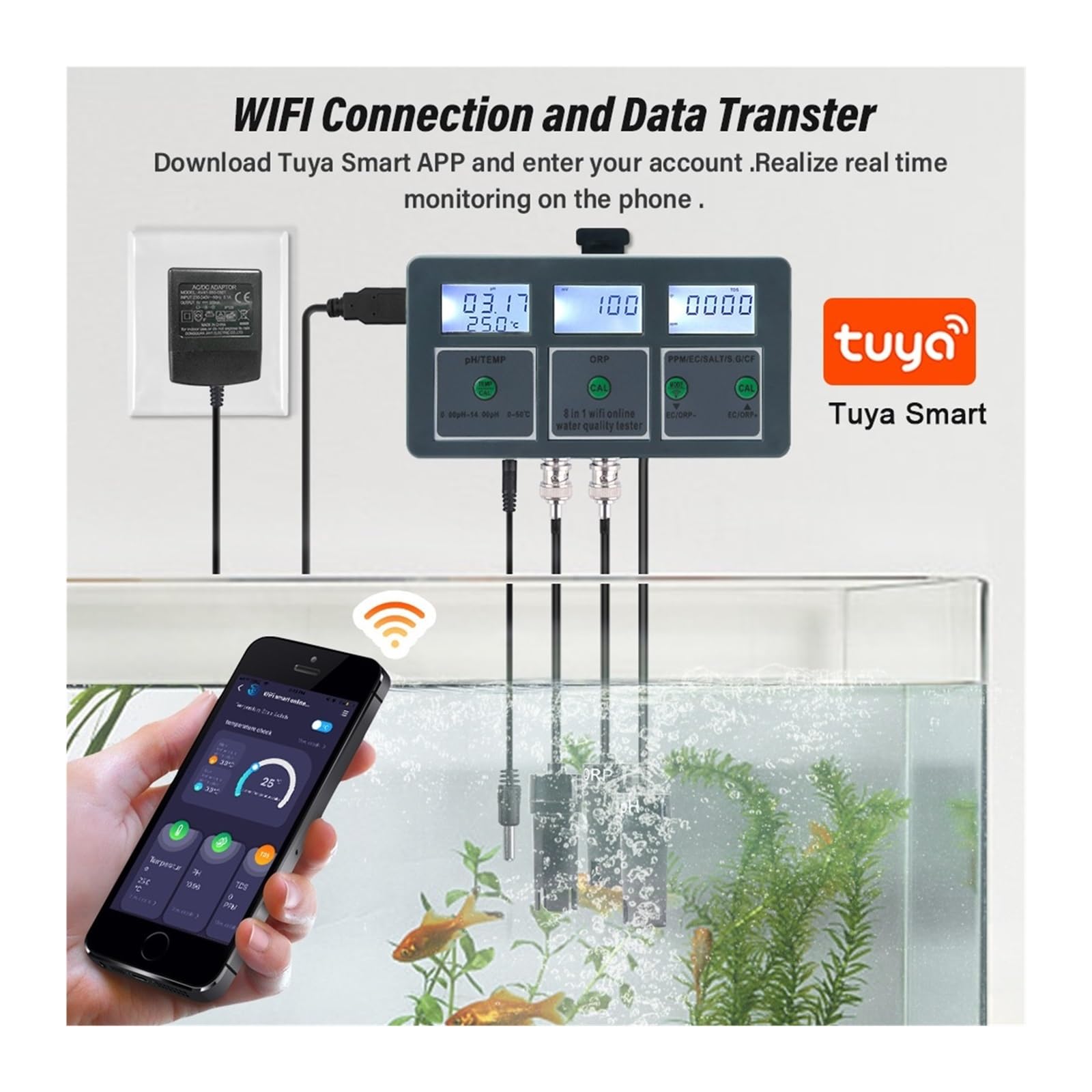 Kit de análisis de suelo, Medidor de calidad del agua for acuario Tuya con WiFi 8 en 1, medidor intelinte de pH, ORP/TDS/EC/SALT/TEMP, monitor for agua potable y piscina.