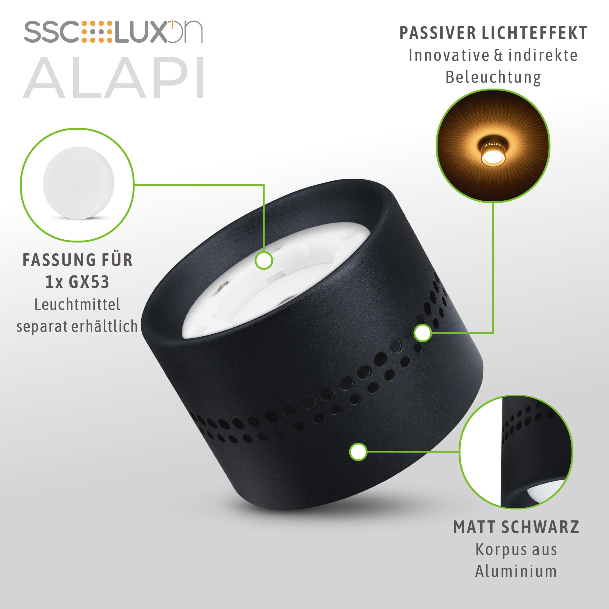 SSC-LUXon 4er Set ALAPI Deckenleuchte Spot schwarz mit indirektem Lichteffekt - Aufputz Lampe flach für GX53 Leuchtmittel 230V