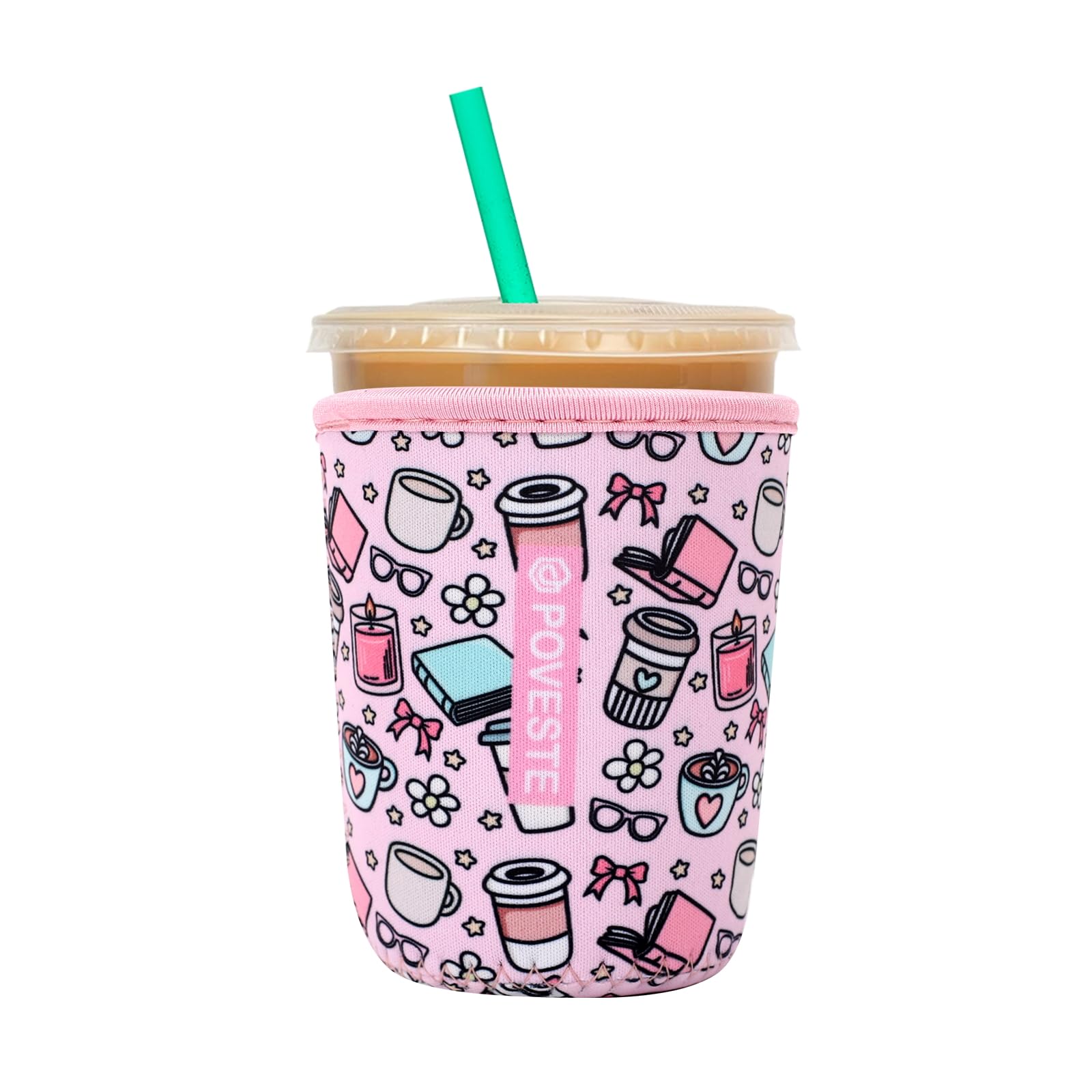Reusable Neoprene Insulator Sleeve for Iced Coffee &amp; Cold Soda, Coffee Sleeves for Iced &amp; Hot Drinks, Cold Beverage Cooler Compatible with Starbucks, Dunkin (Coffee Break, Small: 16-18oz)