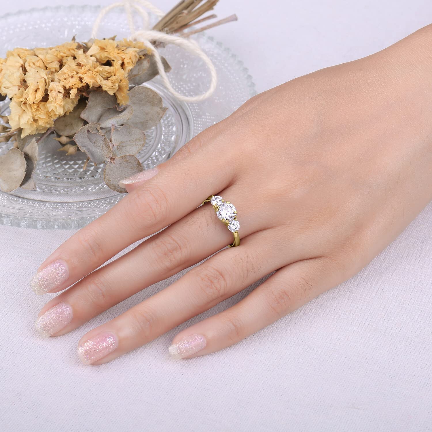 JewelryPalace Tres Piedras Anillo Mujer Plata Oro 14k Oro Rosa, Anillo de Compromiso Plata de Ley 925 Promesa Niña Clásico Piedra, Conjunto Joyas para Novia