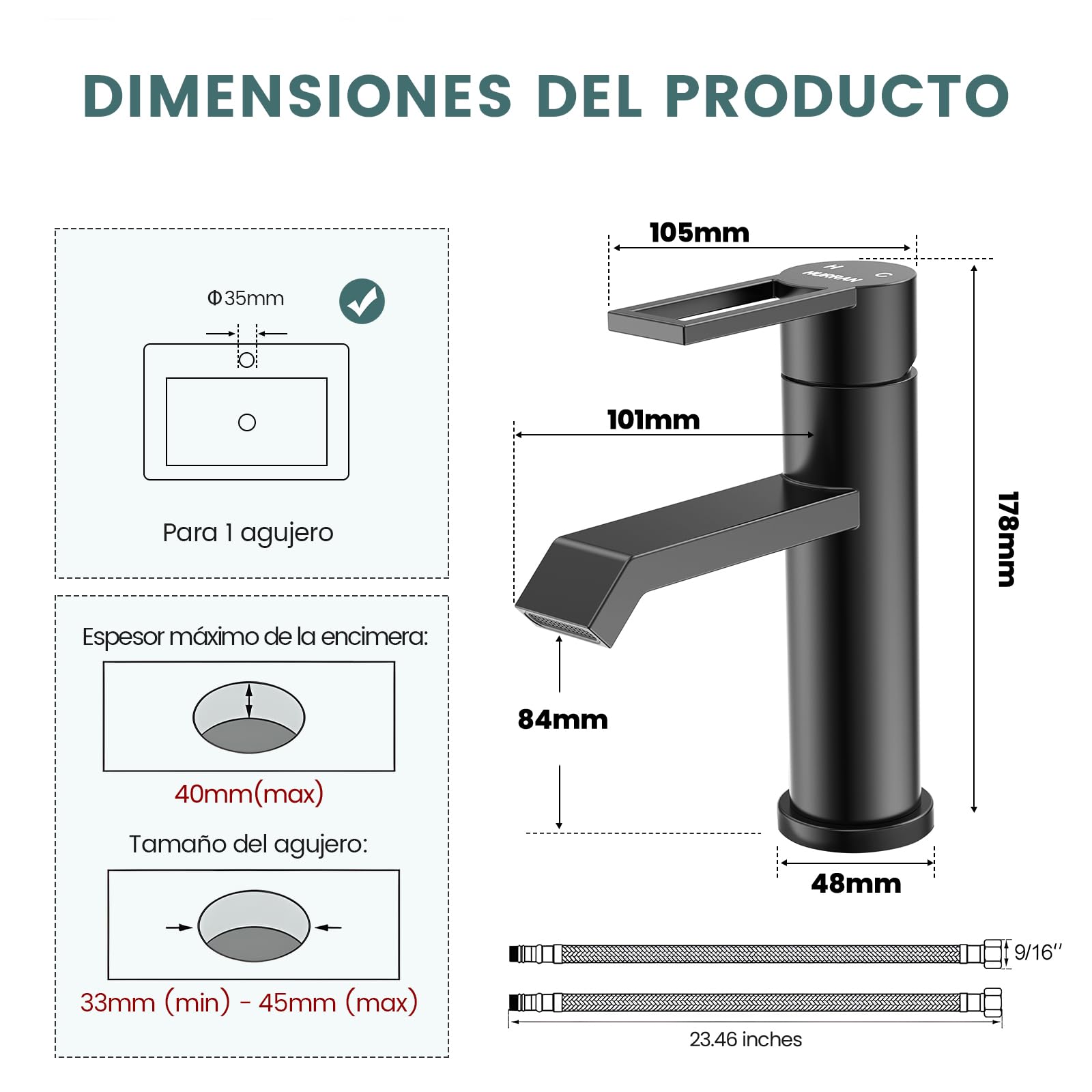 Hurran Grifo de baño negro mate, monomando para lavabo