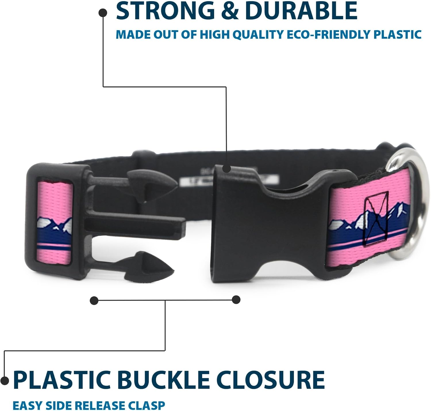 Buckle-Down Pet Collar, Dog Collar Plastic Buckle, Colorado Flag Icon Mountain Skyline Pink Blue White, 13 to 17 Inches 1.5 Inch Wide