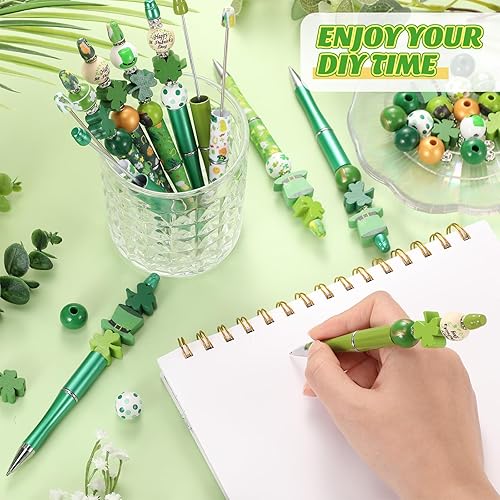 Miniatura 6 de Juego de 12 bolígrafos de plástico con cuentas surtidas, cuentas de madera, cuentas de cristal, cuentas redondas, tinta negra, juego de bolígrafos