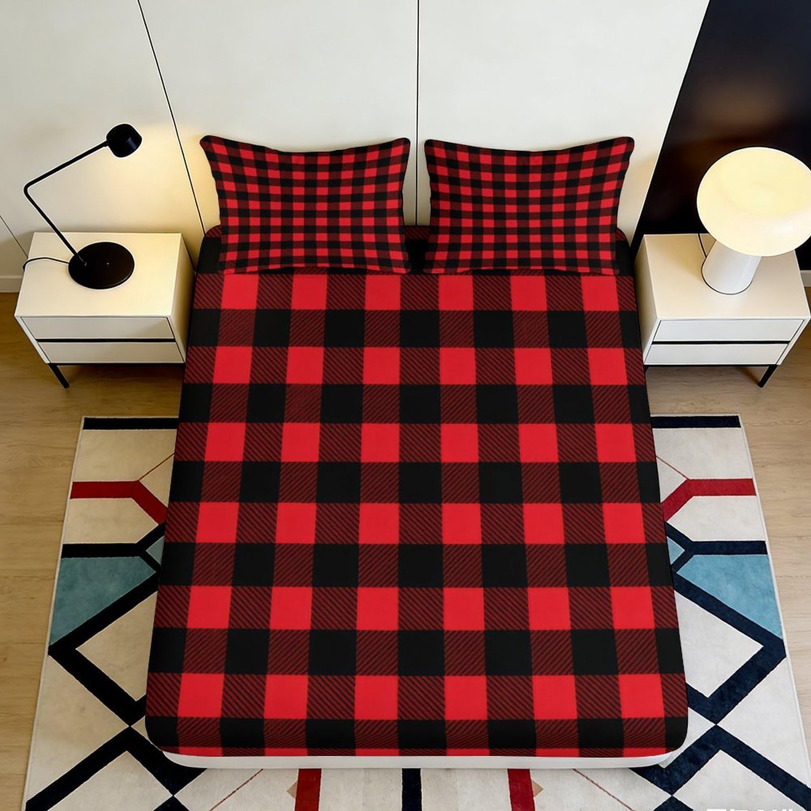 Jqzkxnhpbr Style-6 3D Printed Red Black Plaid Fitted Sheet Microfiber Soft Bedroom Bed Cover Checkered Mattress Decor 90X200x25cm