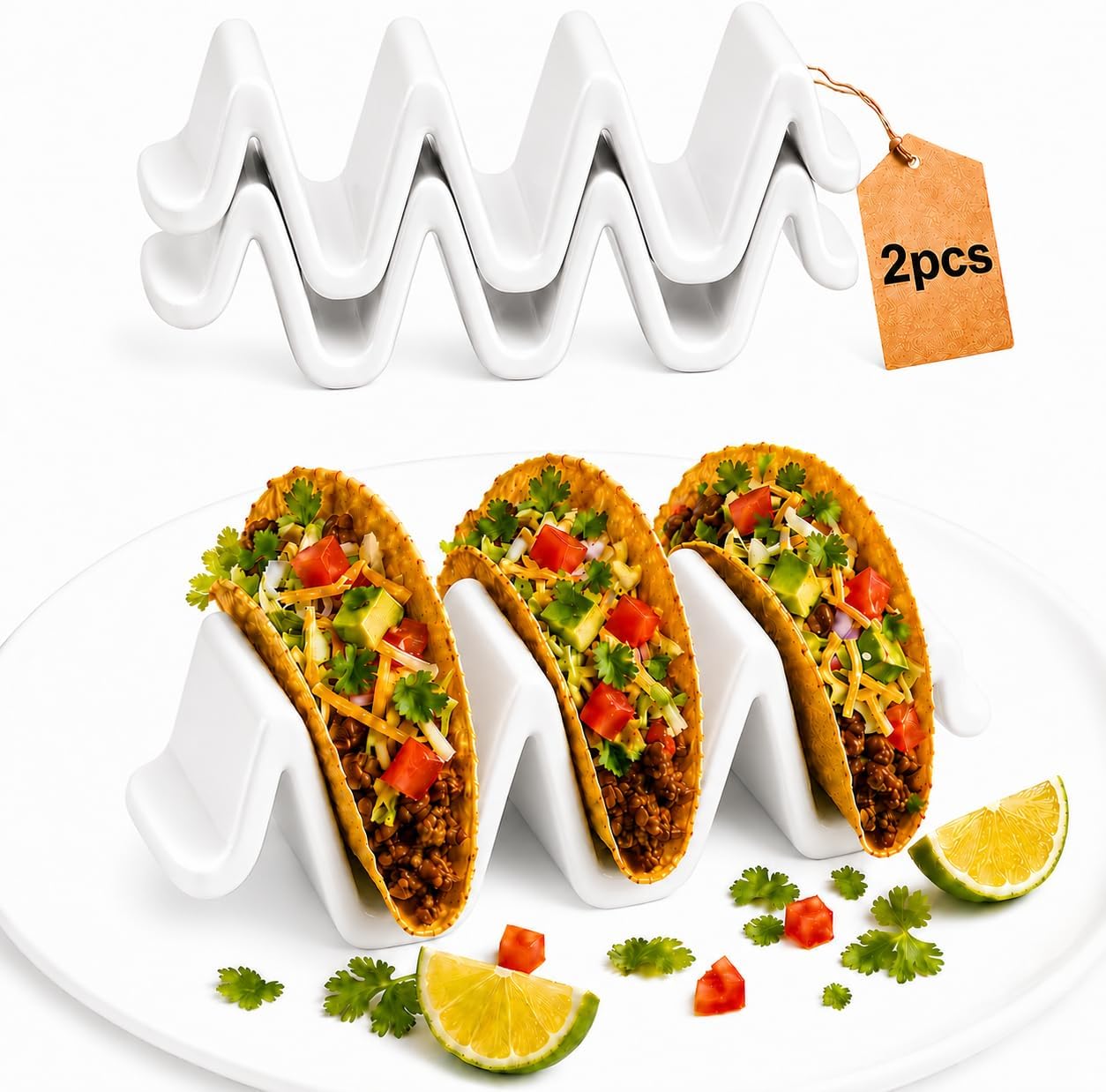 Ceramic Taco Holder Stand, 3-Slot Taco Server, Oven Safe, 2 Pack
