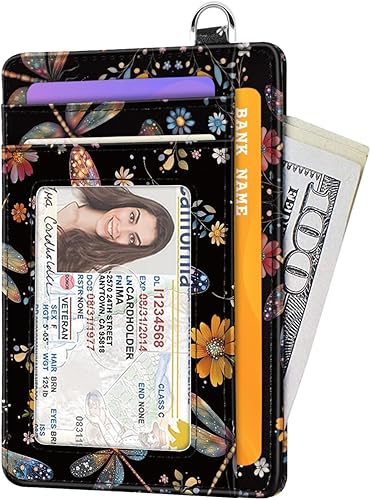 Vista 7 de Cartera delgada para mujer, tarjetero de crédito RFID, carteras minimalistas, con ventana de identificación, tarjetero con llavero, Libélula, Delgado