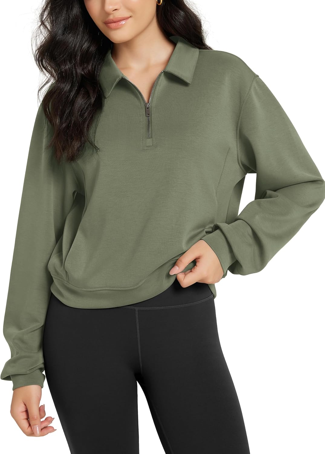 ODODOS Modal Soft Half-Zip Collared Sweatshirts for Women Long Sleeve Relaxed Pullover Top with Pockets