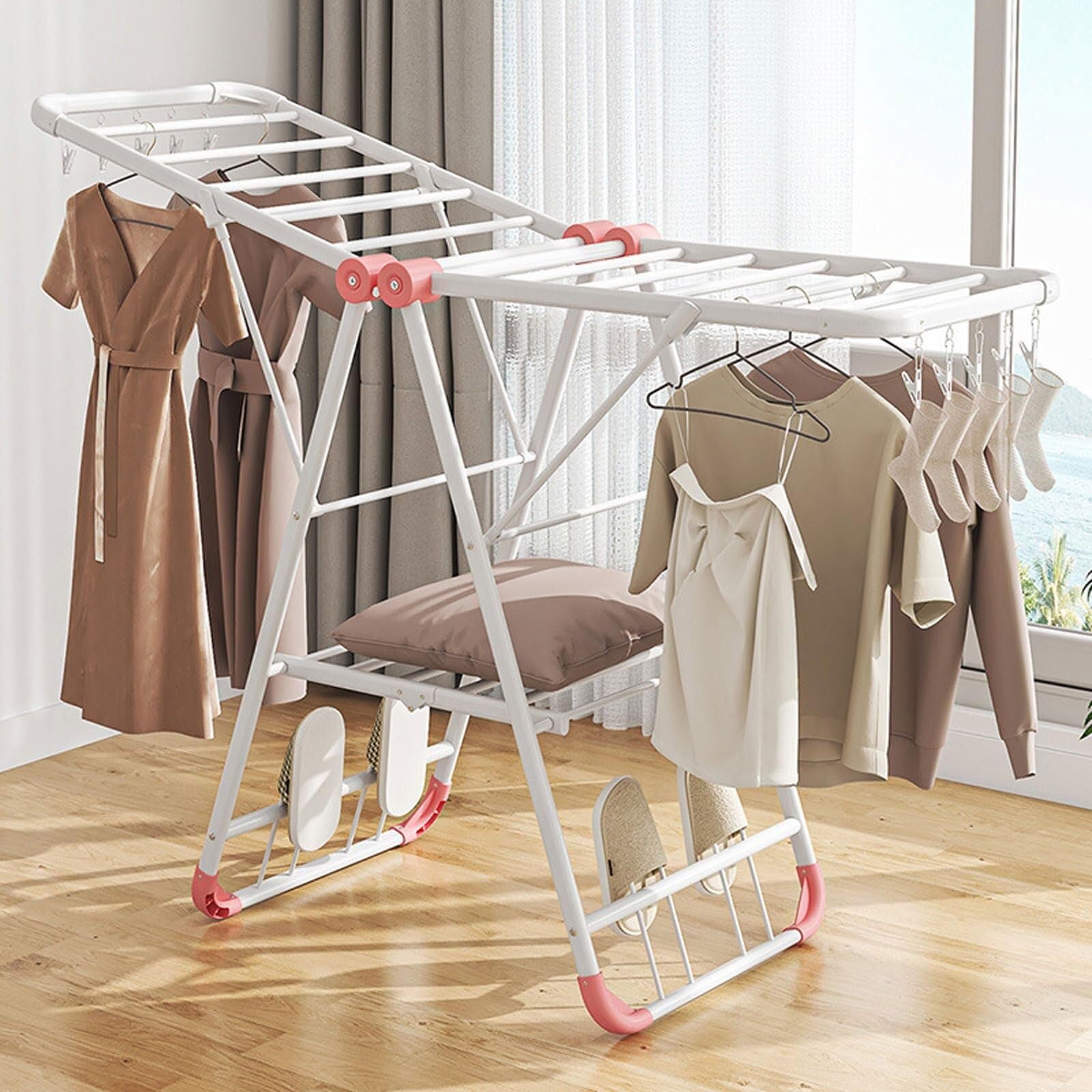Faltbarer Wäscheständer mit 2 Ebenen, leichter Aluminium-Trockenständer für drinnen und draußen, platzsparendes, freistehendes Design, 130 cm