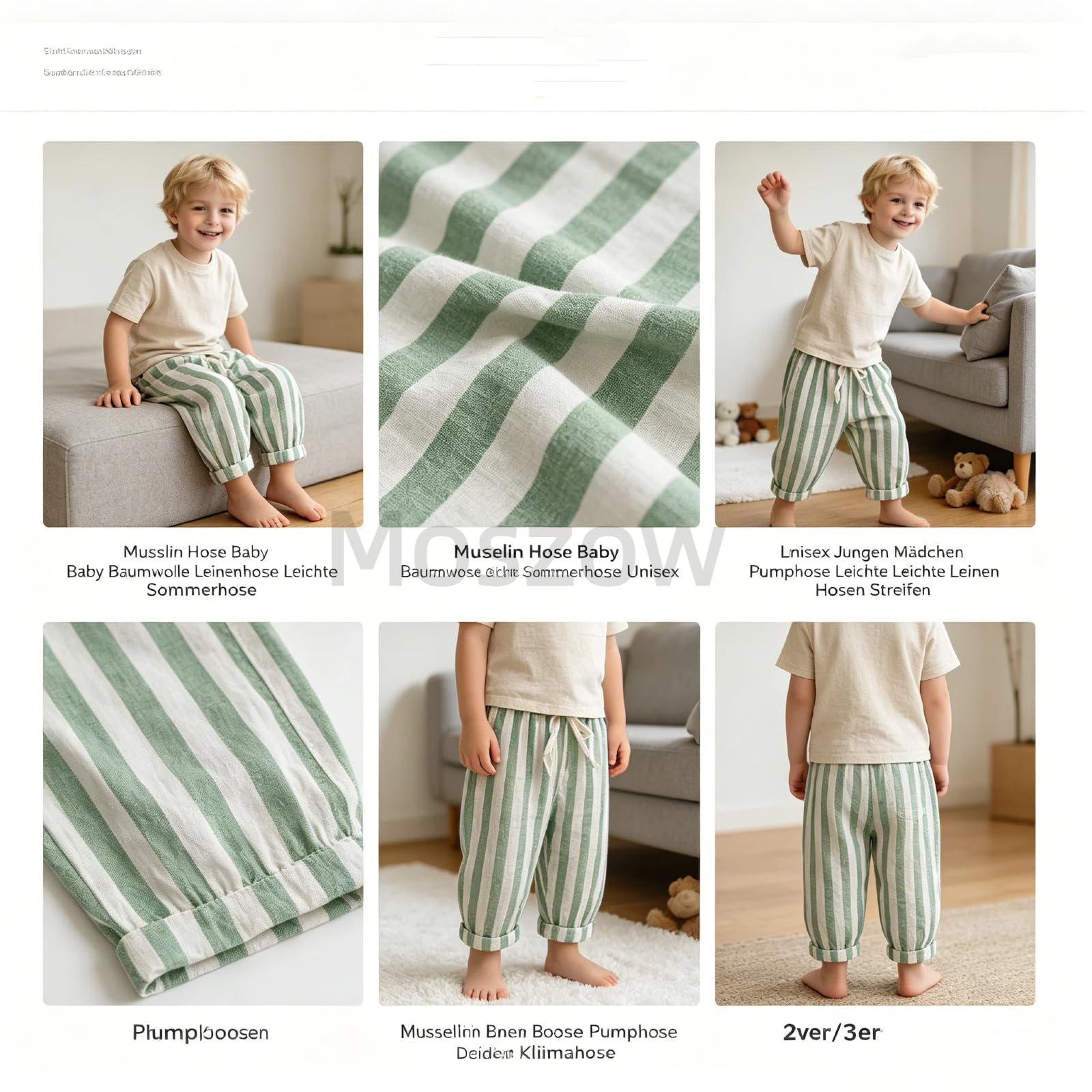 Pantalon d’Été Bébé en Mousseline de Coton – Pantalons en Lin Léger Unisexe Garçon Fille Pumphose Confortable Rayé Long Pantalons Respirant Enfant Lot de 2/3 73-130CM Pantalon Sarouel