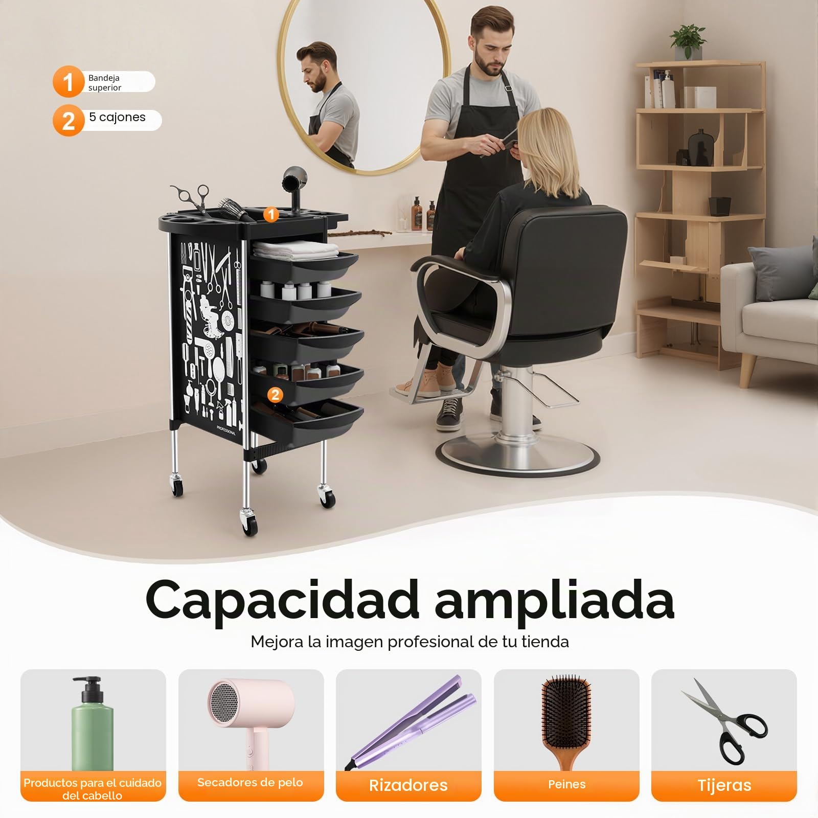 Carro de peluquería con 5 cajones extensibles, carrito de trabajo plegable para hogar y salón de belleza, capacidad 100 kg (negro)