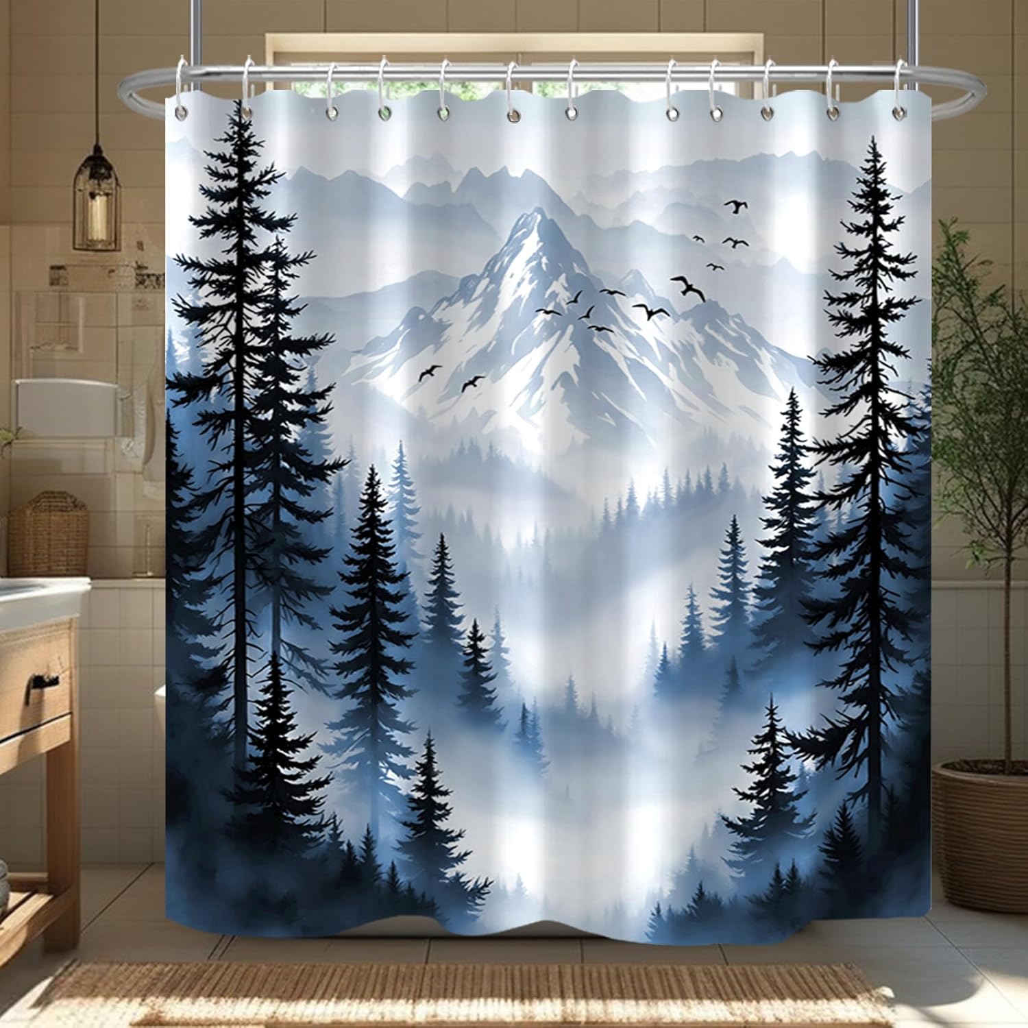 Blue Forest Pine Shower Curtain Mountain Birds Misty Scenery Shower Curtain Waterproof Fabric for Bathroom Decor 72x84 inch