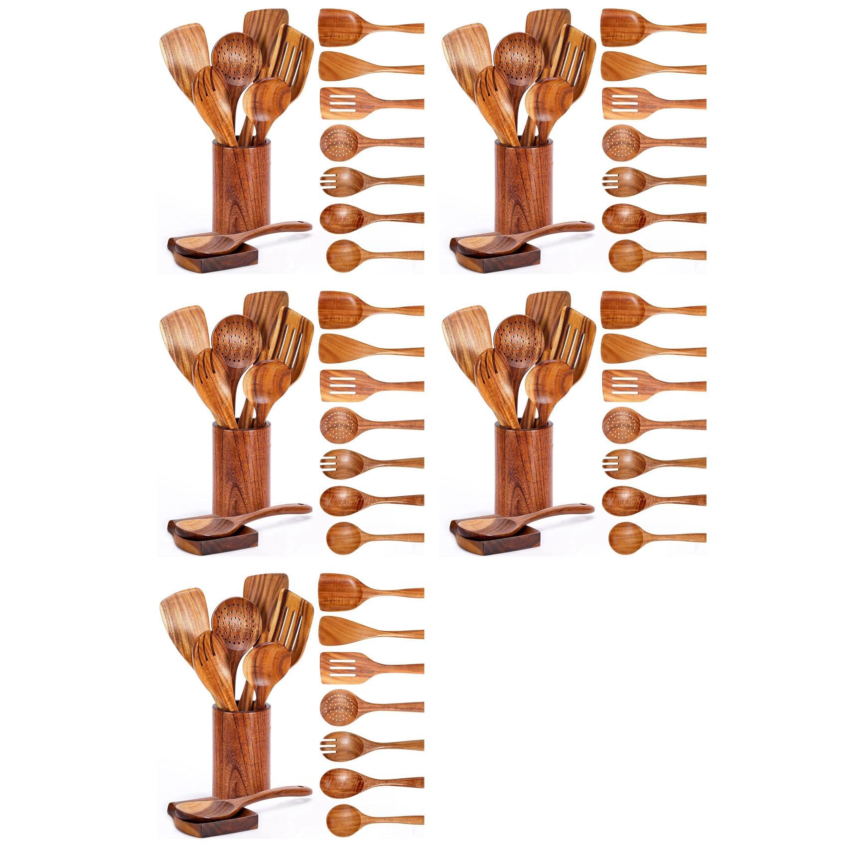 Vjsujehgy 45 PCS Wooden Spoons for Cooking, Wooden Utensils for Cooking with Utensils Holder, Teak Wooden Kitchen Utensils Set