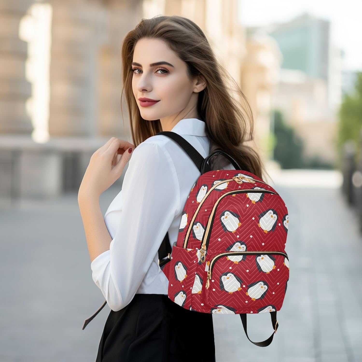Cute Penguin Polka Dots Red Backpack Purse for Women Shoulder Bag Fashion Daypack Ladies Handbag Lightweight Travel Bag Rucksack