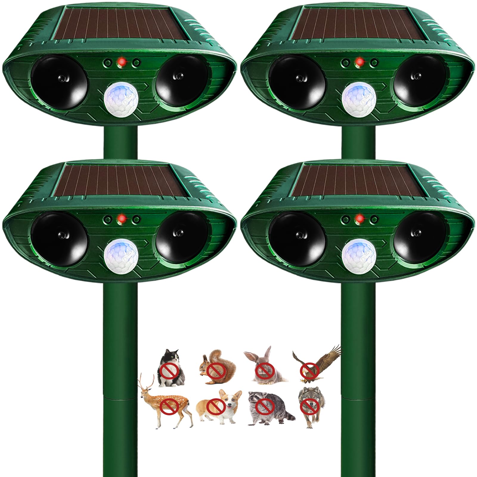 Paquete de 4 repelentes solares ultrasónicos de animales al aire libre, disuasorio de gatos, repelente de ardillas, dispositivos repelentes de ciervos activados por movimiento para ardillas, conejos