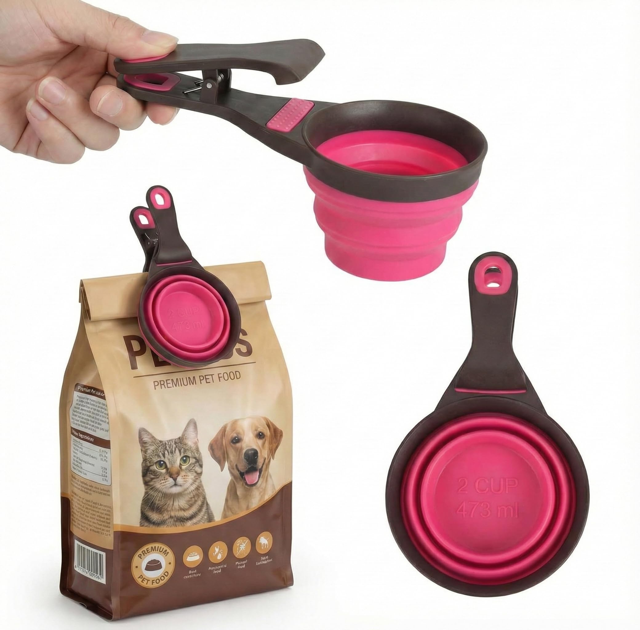 Silicone Pet Food Scoop with Clip - Foldable, Dishwasher Safe, Non-Toxic, Easy to Wash - Attach to Food Bags for your Dog, Cat or Pet, Space-Saving Design and Collapsible