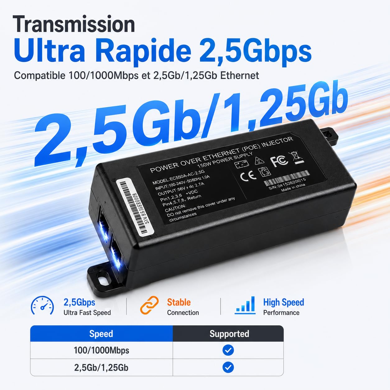 Injecteur PoE Passif 150 W pour Starlink Gen 3/Gen 2, Ethernet 2,5 Gbit/s/1 Gbit/s, Sortie 48-56 V, CA 100-240 V, Protection 3 KV, Plug & Play, portée jusqu'à 100 m