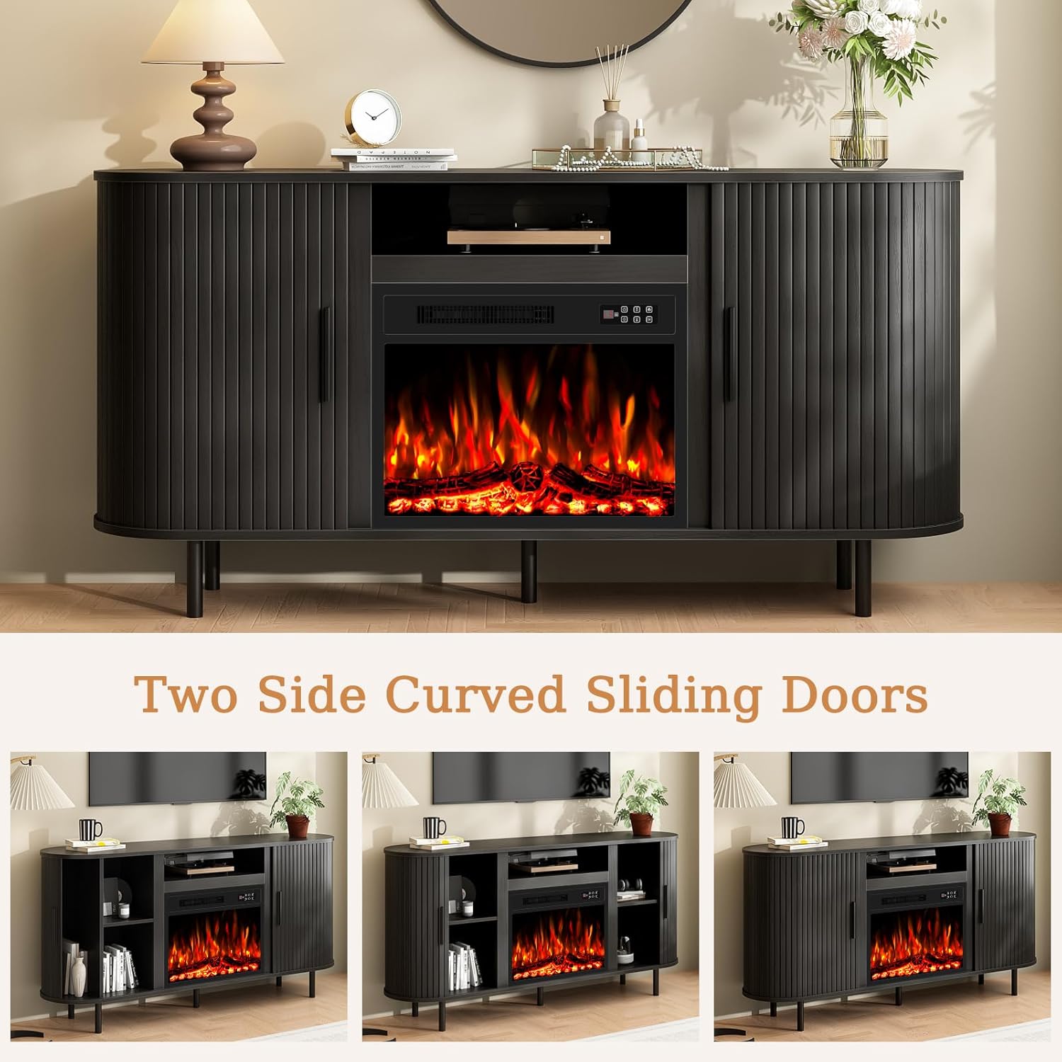 65" Oval Fluted Fireplace TV Stand for TVs up to 75 inch, Mid Century Modern Tambour Media Console with 23" Electric Fireplace, Curved Slat Door Entertainment Center for Living Room (Black)