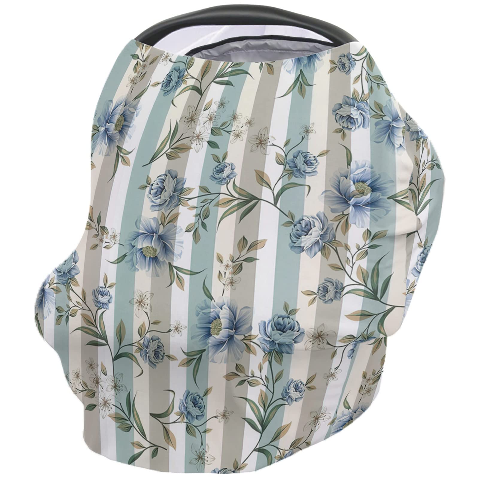 Nursing Cover for Breastfeeding Scarf, Blue Floral Leaves Striped Baby Car Covers Super Soft Multi Use for Canopy Shopping Cart Cover Blanket Stroller Cover