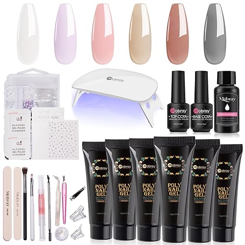 Mobray Kit de gel de extensión de uñas de polietileno, 6 colores, tono de piel, serie marrón nude, kit todo en uno con lámpara de uñas de 6 W y