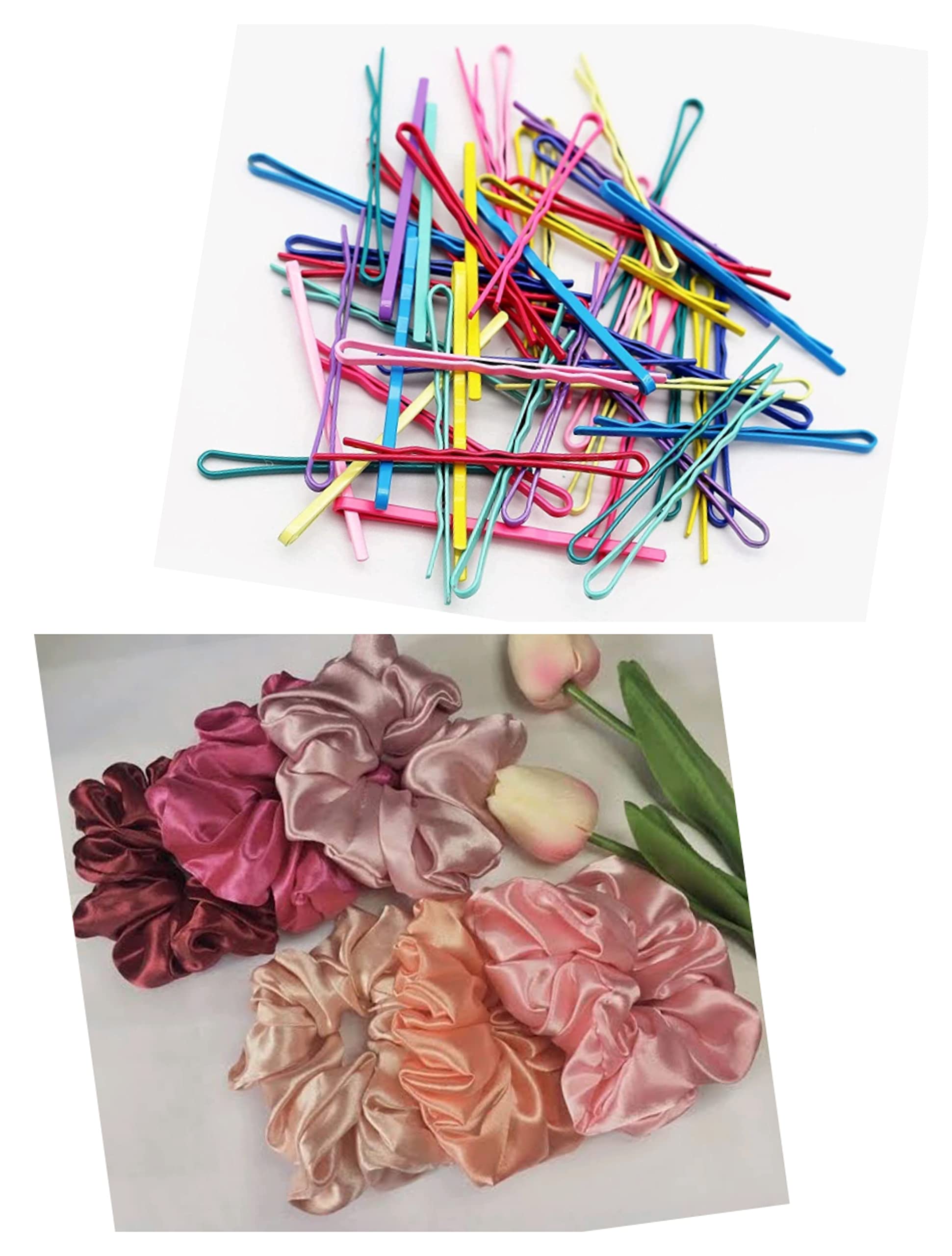 Snowpearl Combo of 10 Pcs. Colorful Bobby Hair Pins, Non-Slip Metal Hair Clips Rust-Resistant Pins and 04 Pcs. Satin Fabric Scrunchies, Ponytail Holders for Women & Girls (Multicolor)