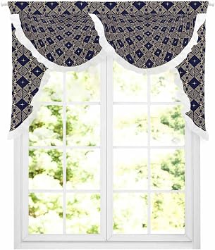 Blue Gold Swag Waterfall Valances for Living Room Bedroom Kitchen Windows, Luxurious Royal Geometric Starry Art Semi-Sheer Rod Pocket Curtains Light-filtering Drape with Lace Decorations, 59"Wx41.3"L