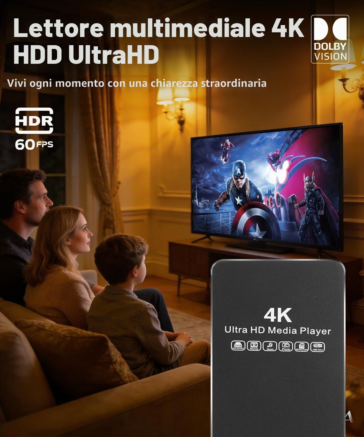 4K HDD 60Hz Media Player & HDD Enclosure 2-in-1, Metal, Play H.265/HEVC H.264/AVC MP4 MKV Video MP3 Music JPG Photos,4K HD, analogico AV,USB 3.0,Type C,Supporta SSD,2.5" SATA HDD con scheda USB/SD